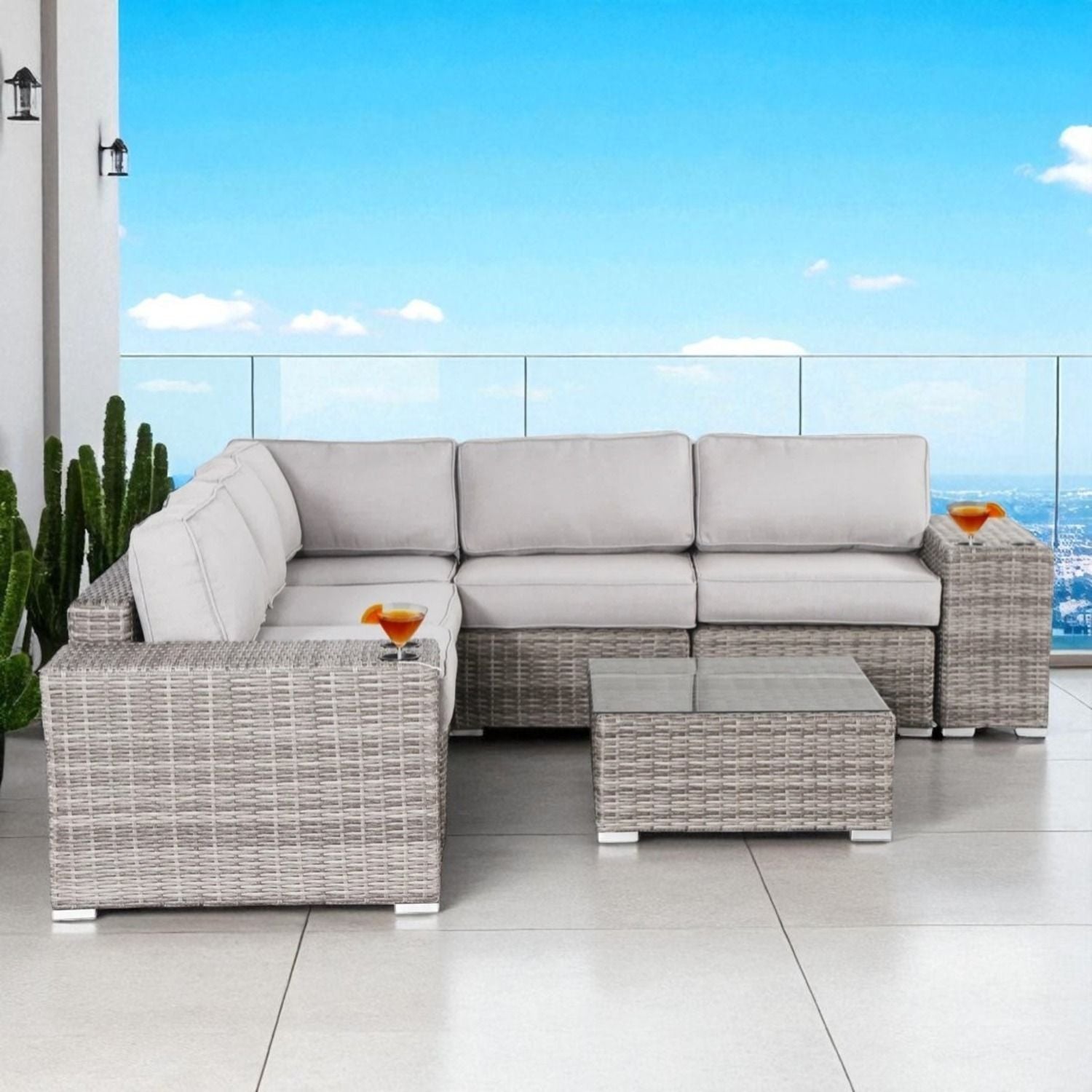 Modern Patio Rattan Sectional Set With Cushions