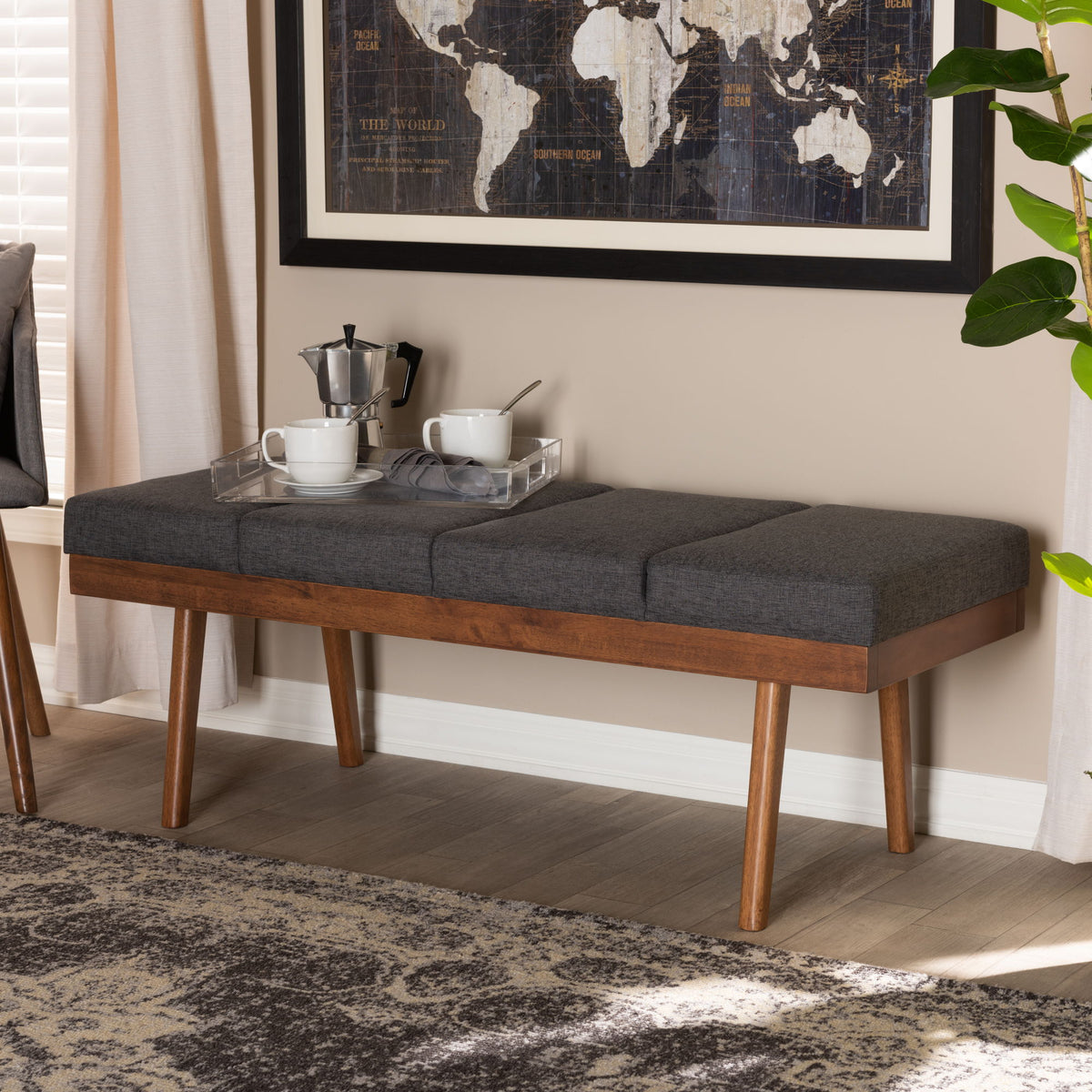 Larisa Mid-Century Modern Charcoal Fabric Upholstered Wood Bench