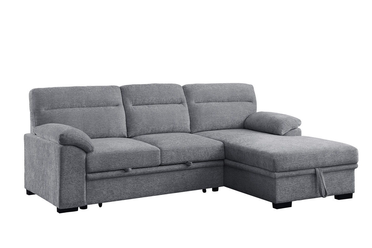 Kipling II 94"W Light Gray Chenille Fabric Sleeper Sectional Sofa with Right-Facing Chaise, Cupholders, USB Charging port