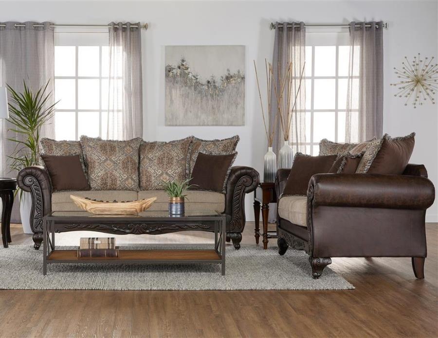 Coaster Fine Furniture Elmbrook - Upholstered Rolled Arm Sofa Set With Intricate Wood | Meri Furniture