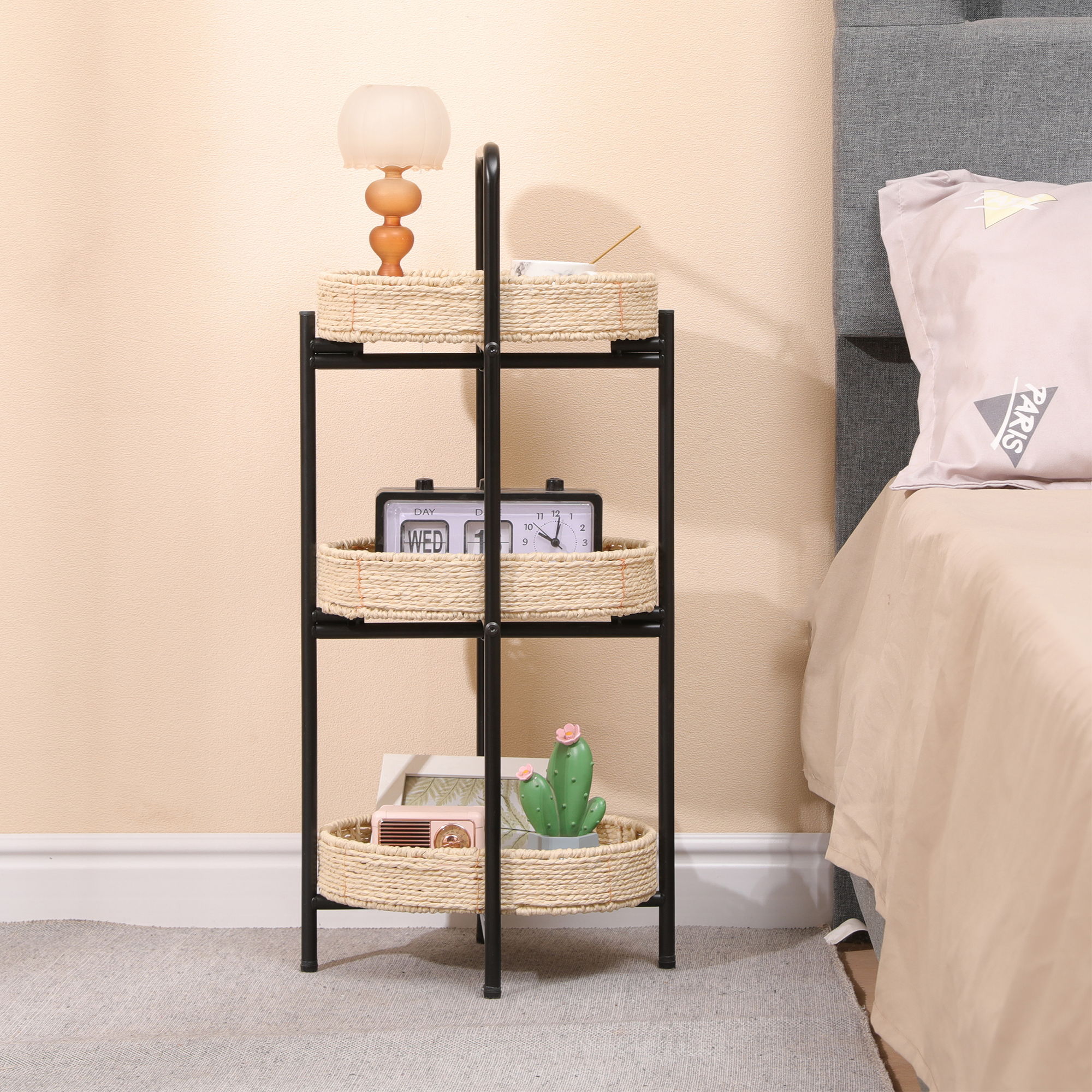 Modern 3 Tier Handwoven Side Table With Oval Organizer