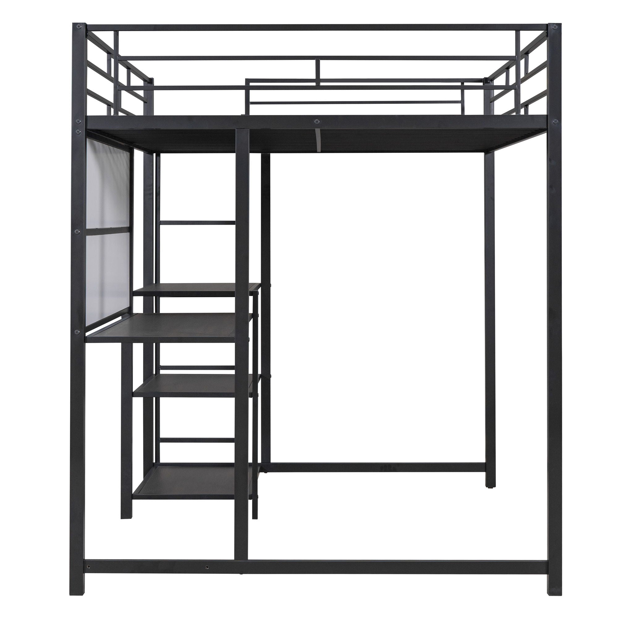 Metal Loft Bed With Desk, 3 Shelves And Ladder