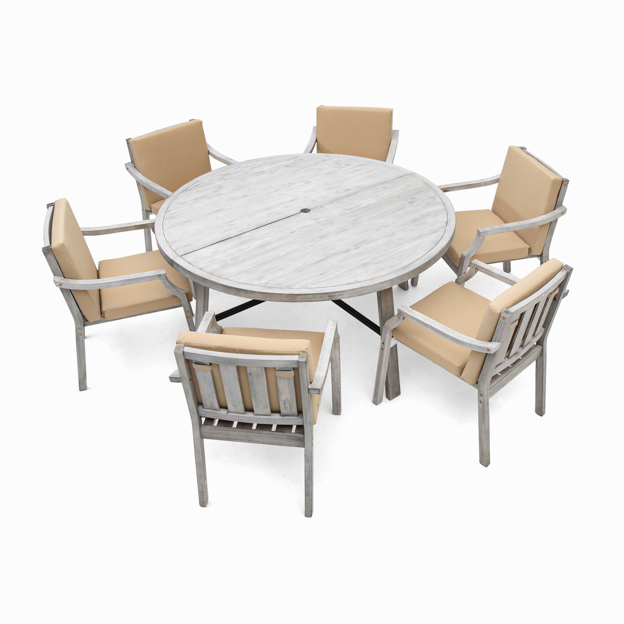 6 Person Outdoor Wooden Dining Set With Umbrella Hole And Removable Cushions For Patio - Gray