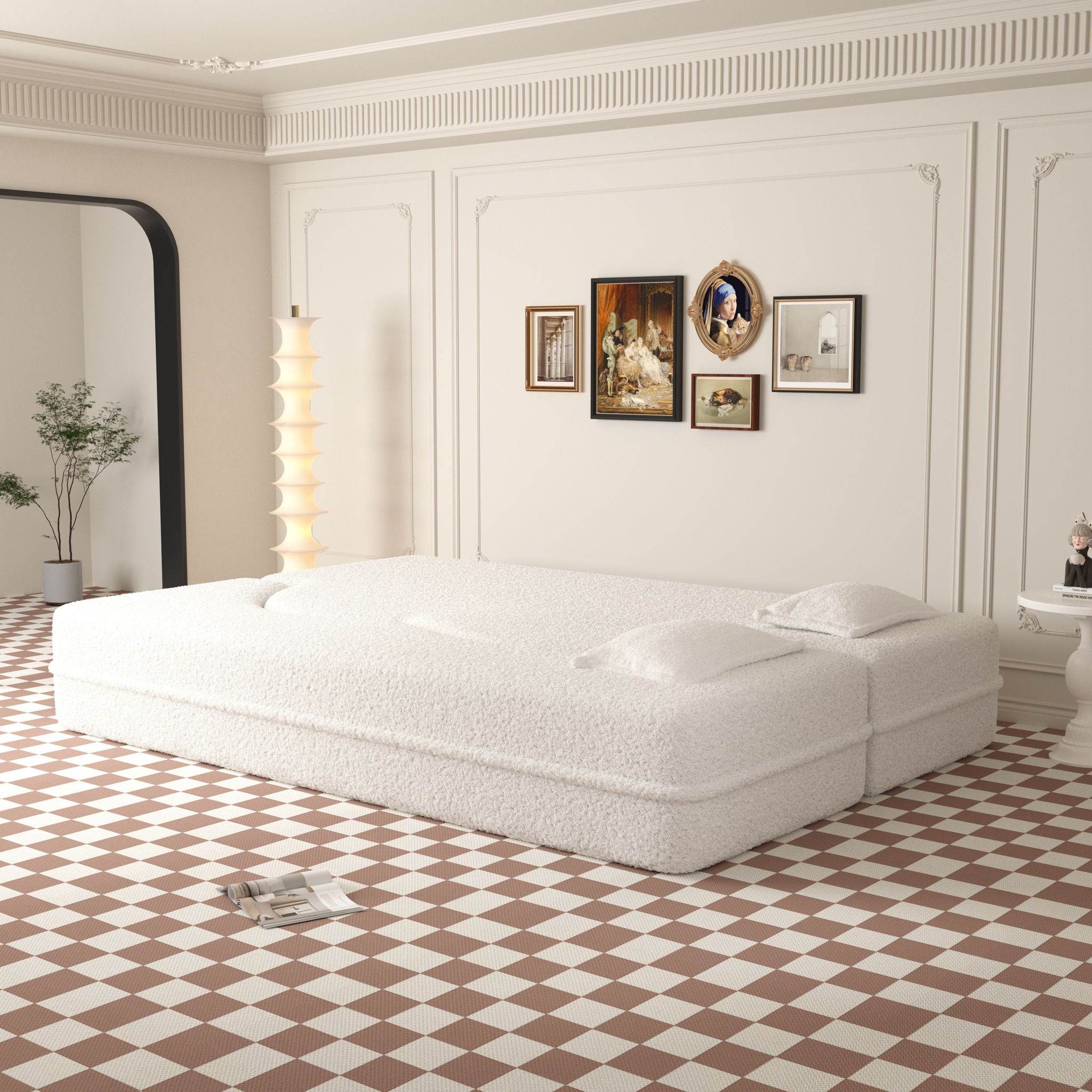 Modern Floor Sofa, With 2 Pillows, Convertible Teddy Fabric Foam Filled Bed