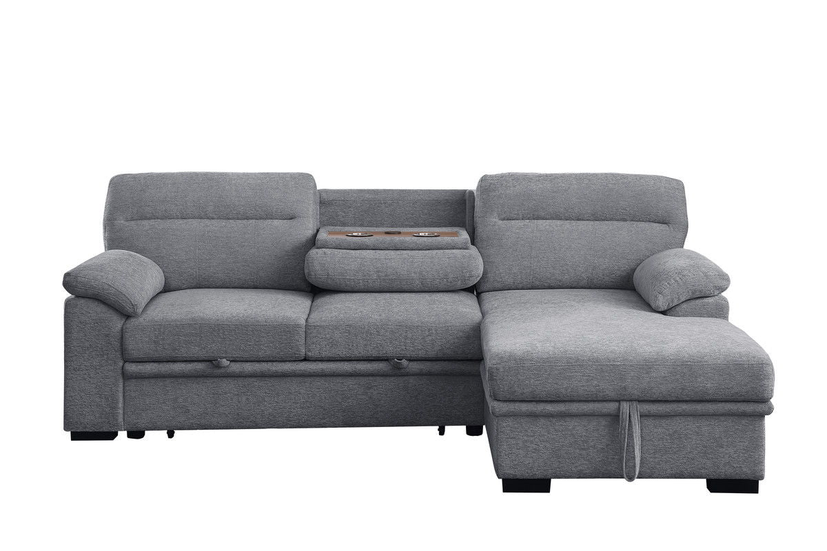 Kipling II 94"W Light Gray Chenille Fabric Sleeper Sectional Sofa with Right-Facing Chaise, Cupholders, USB Charging port