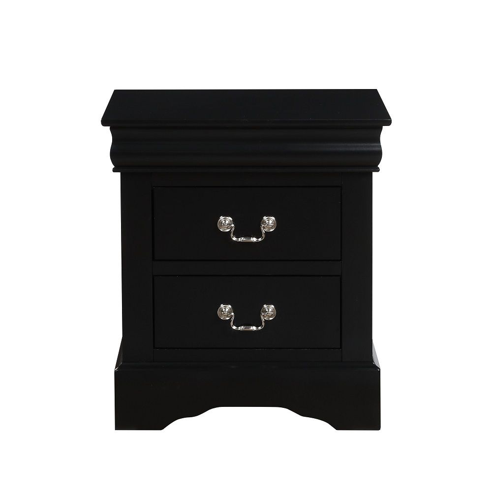 It has two drawers with center metal glide and brushed nickel metal handle. Offers you plentiful storage with spacious drawers