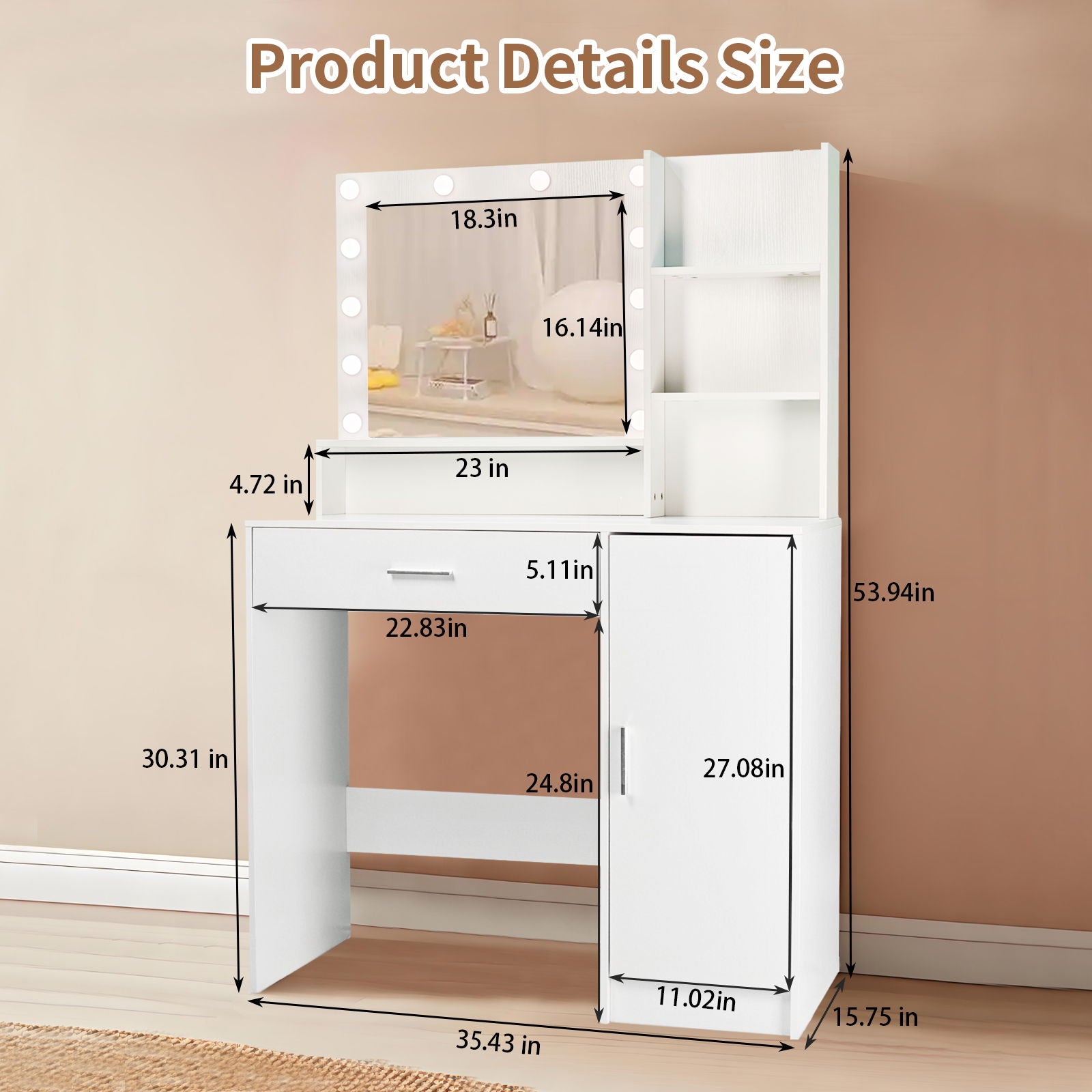 Vanity Desk With Mirror And Adjustable LED Lights, 3 Lighting Modes, Drawer And Storage Cabinet - White