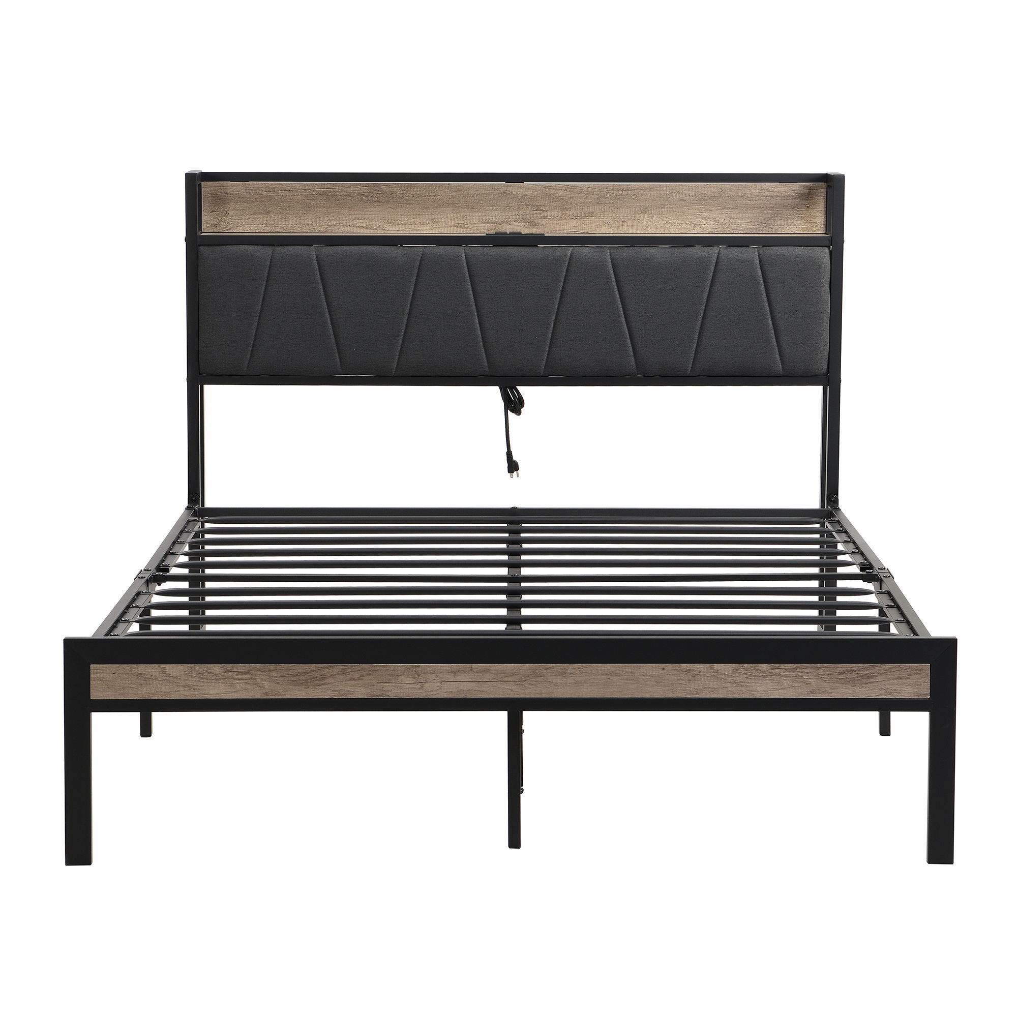 Modern Platform Bed Frame With Upholstered Storage Headboard, USB Ports