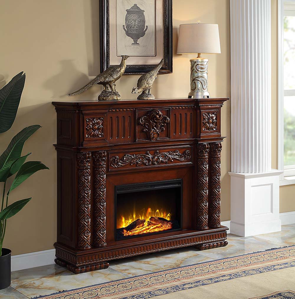 ACME Classy meets functional in this Vendom fireplace. This unit's classic look, features realistic flame and amber effects to create the perfect cozy night in. | Meri Furniture