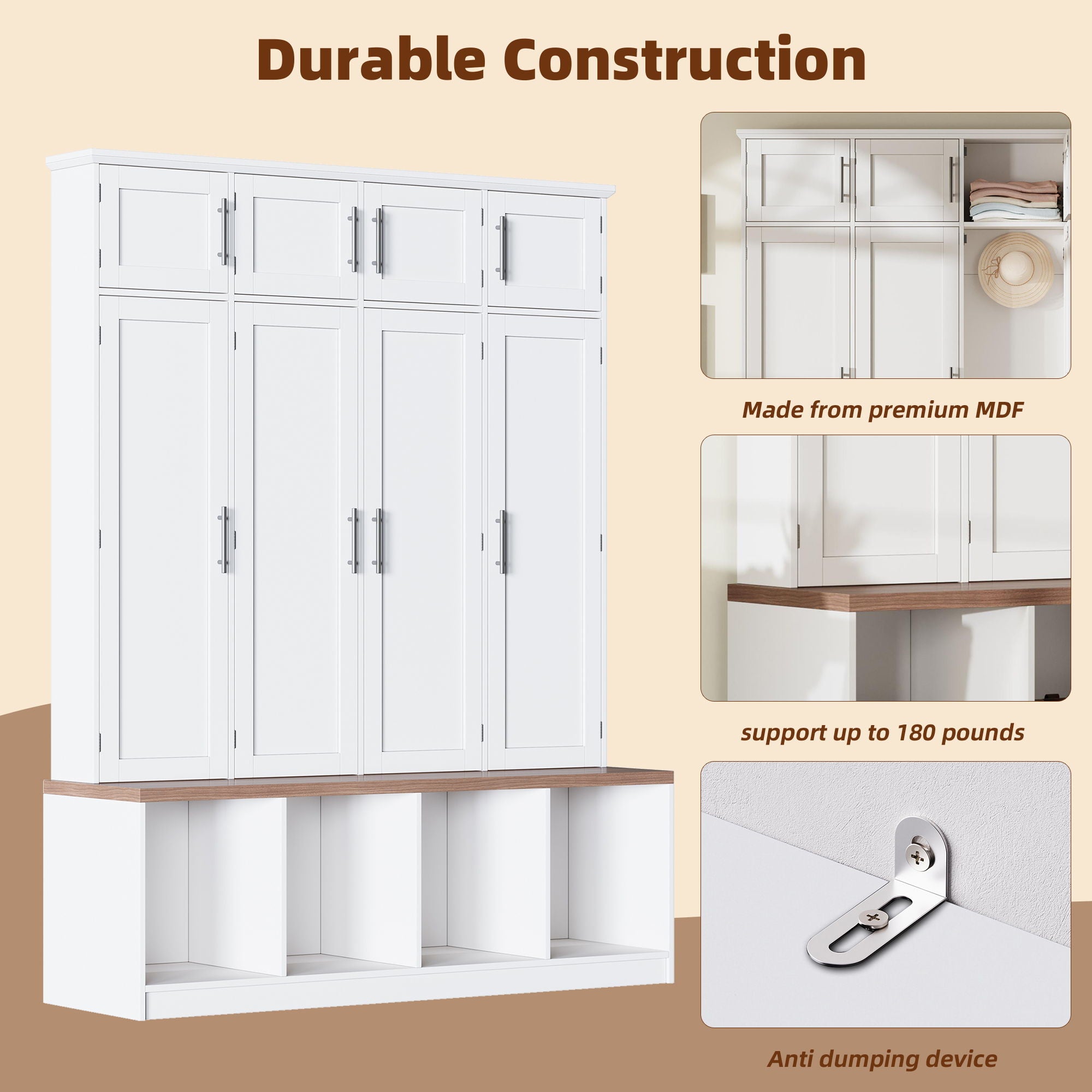 Farmhouse Hall Tree With 4 Hidden Hanging Hooks And 8 Doors