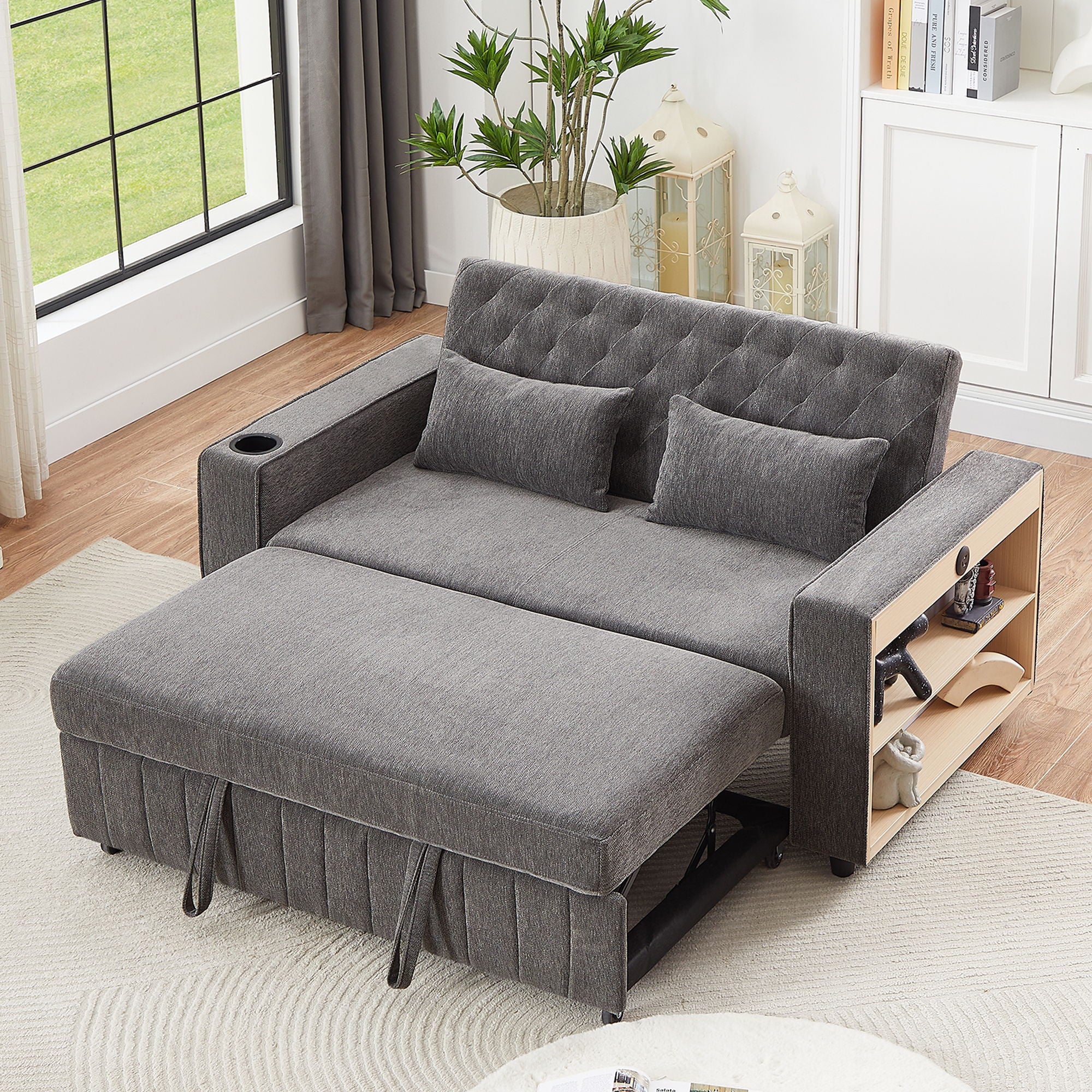 Pull-Out Sofa Bed Convertible Couch With Adjustable Backrest For Living Room