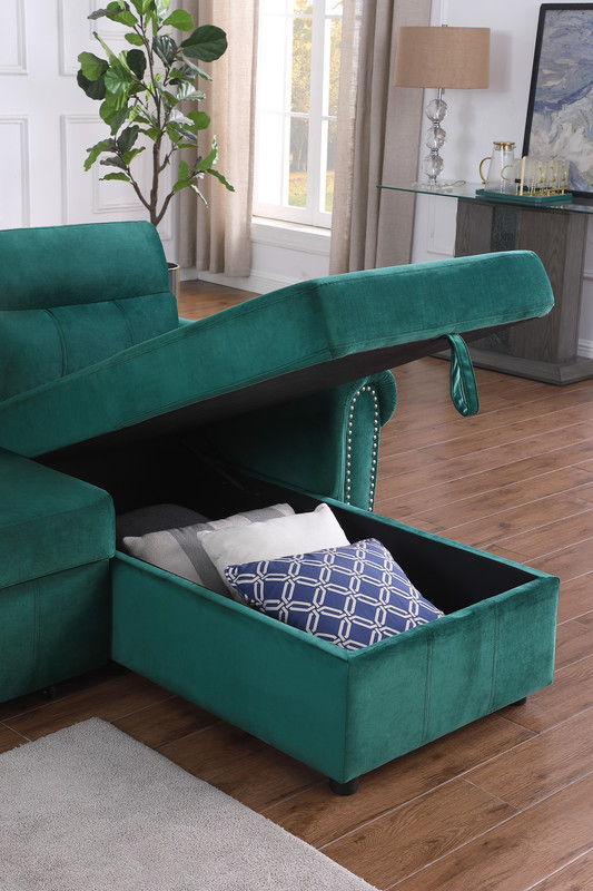 Ashton 96.5"W Green Velvet Fabric Reversible Sleeper Sectional Sofa Chaise