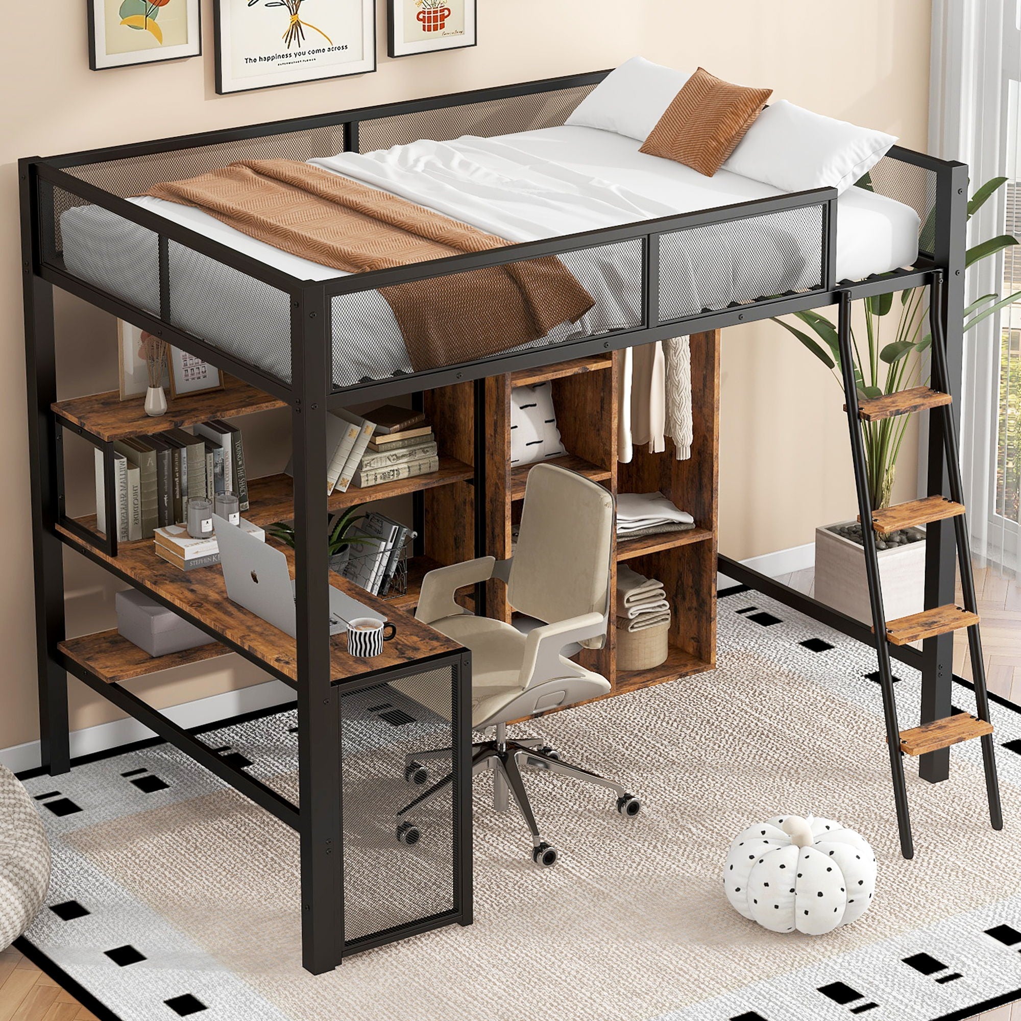 Full Size Loft Bed With Built In Desk, Wardrobe, And Shelves - Black