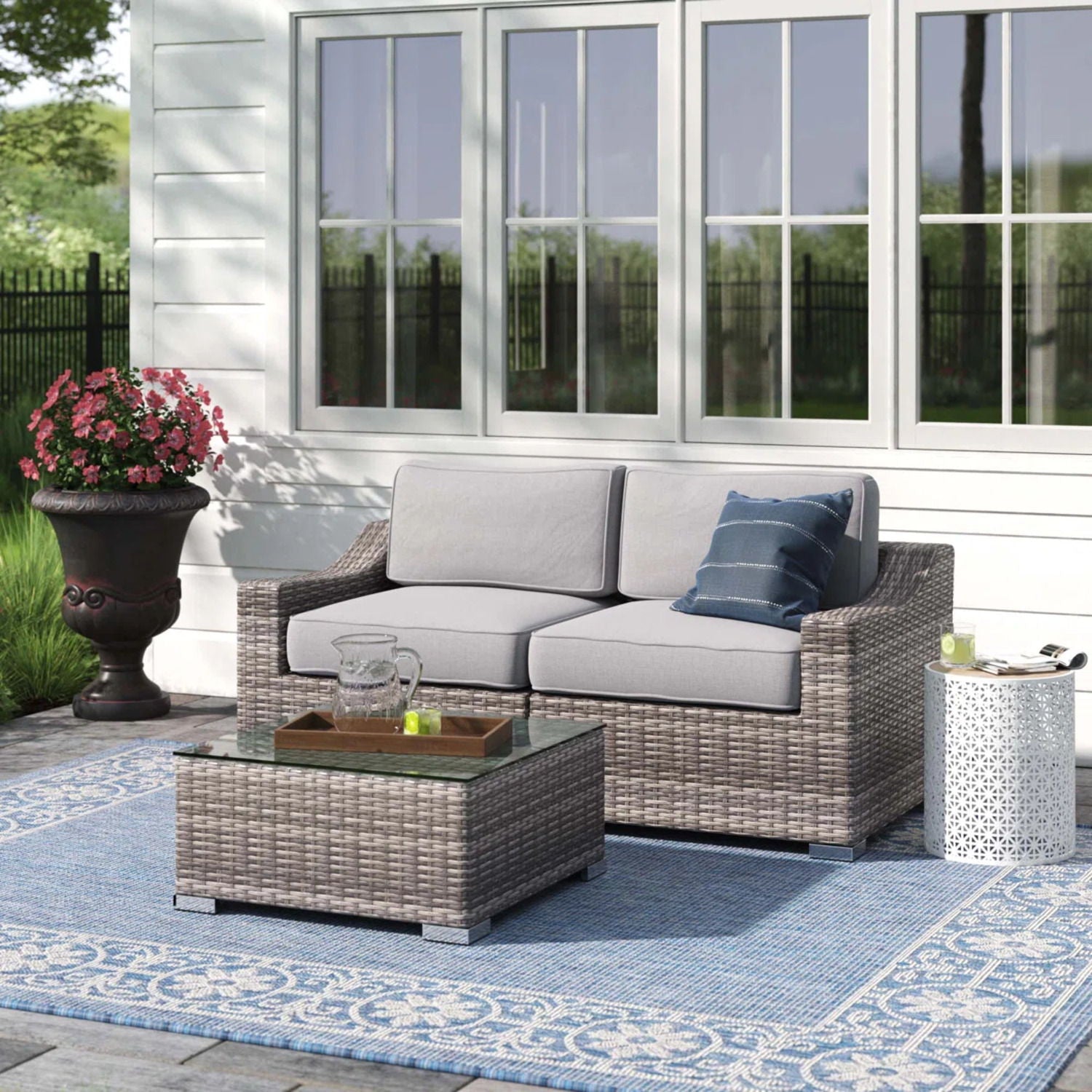Outdoor Wicker Conversation Set With Cushions, All Weather