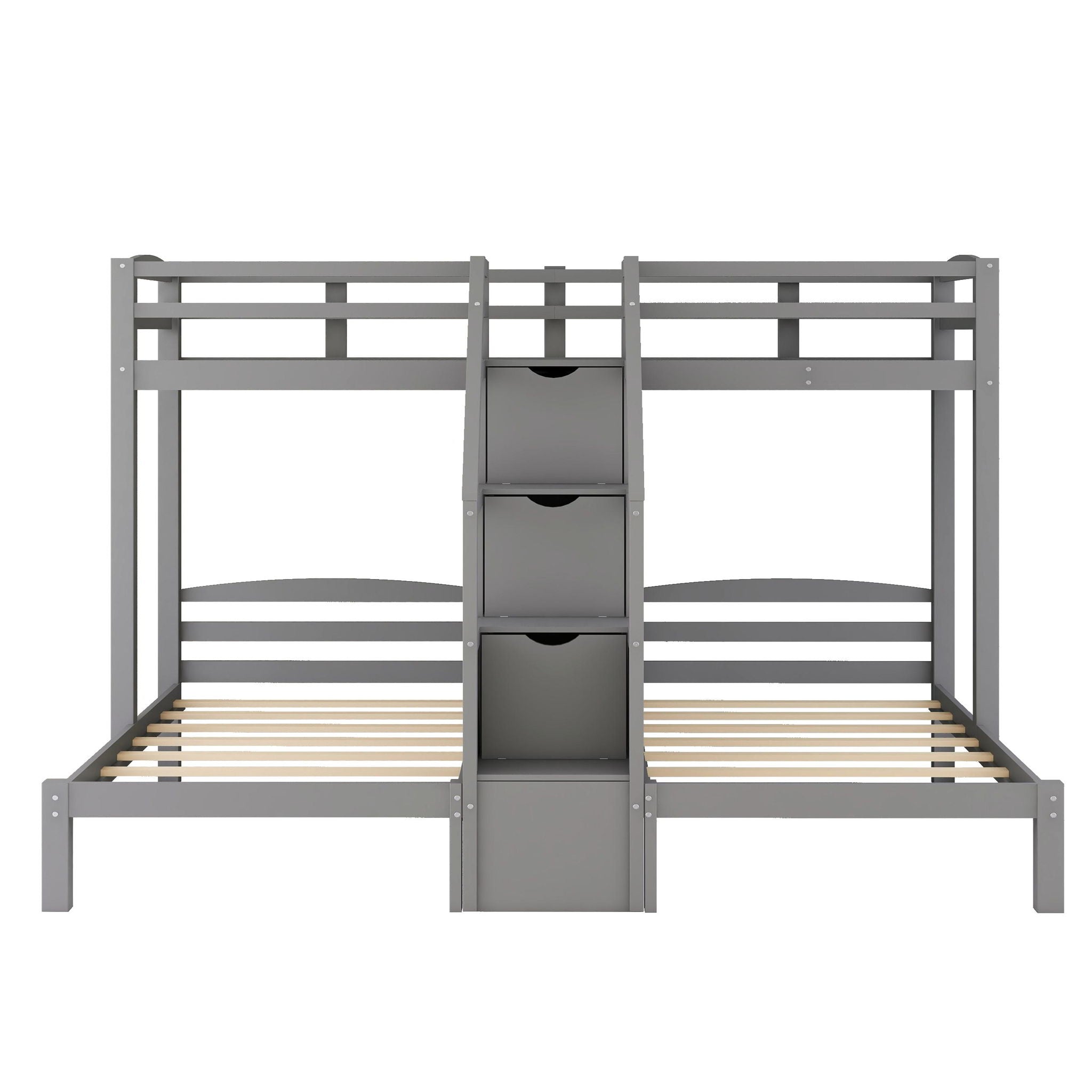 Twin Over Twin & Twin Bunk Bed With Built In Staircase And Storage Drawer - Gray