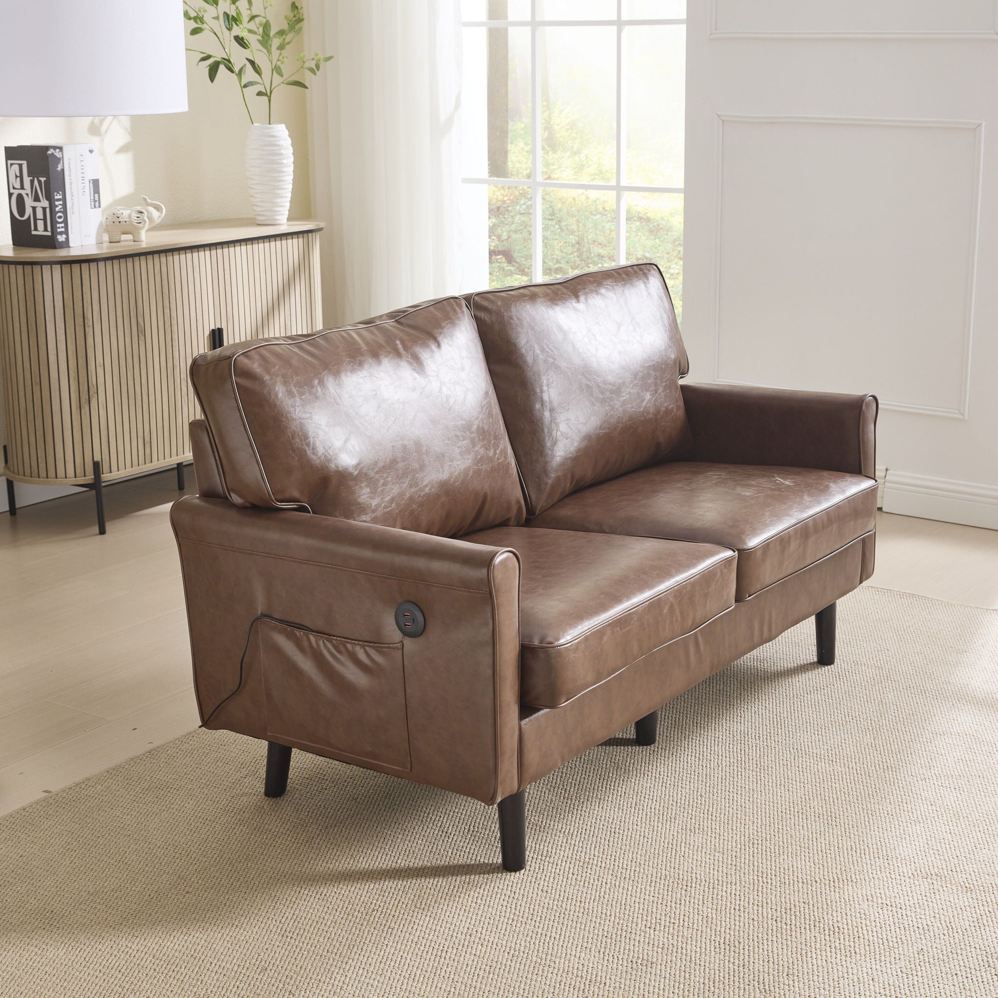 Mid Century Modern Loveseat Sofa With USB Ports, Removable Pillow Cover