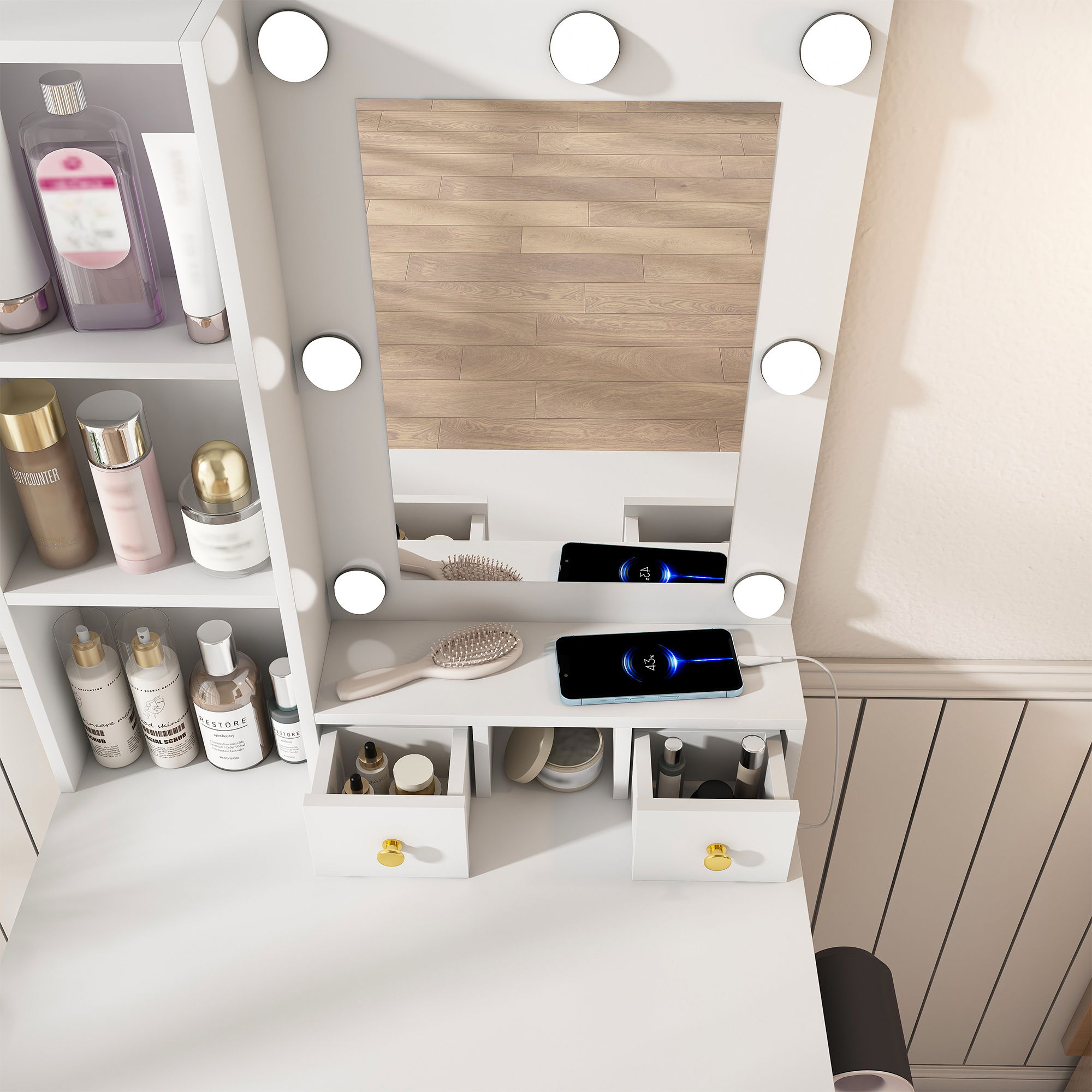 Vanity Table With Mirror, Adjustable LED Lights, Power Outlet, Hairdryer Holder & Stool