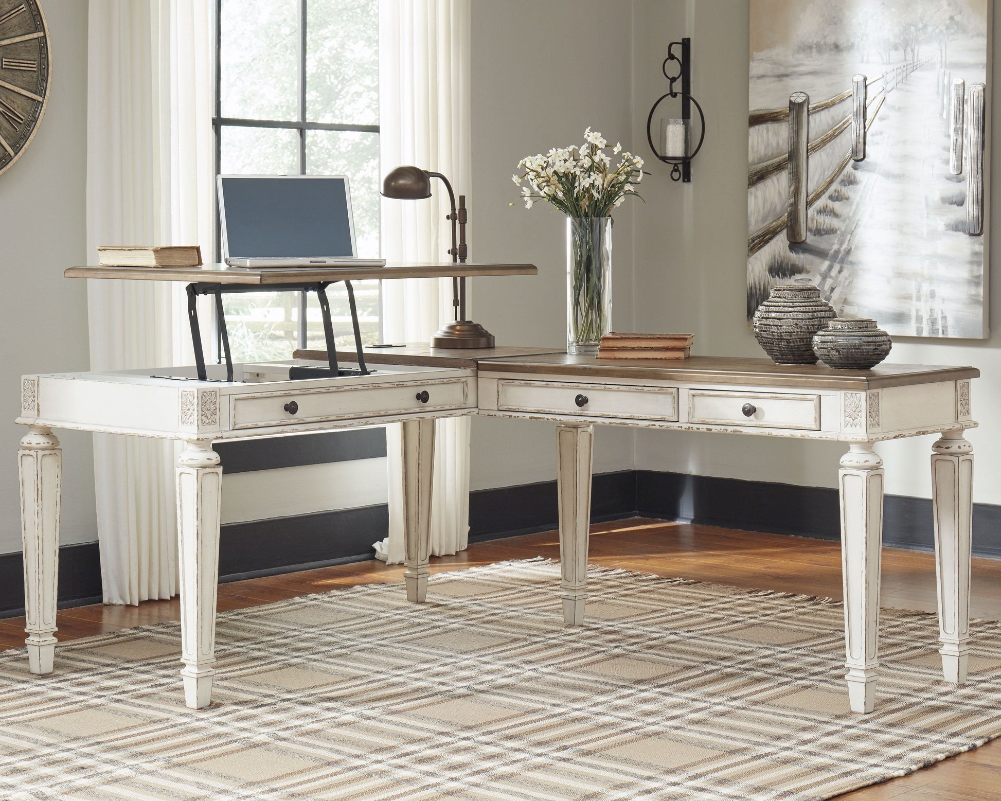Signature Design by Ashley® Realyn - White / Brown - L Shaped Desk With Lift Top | Meri Furniture