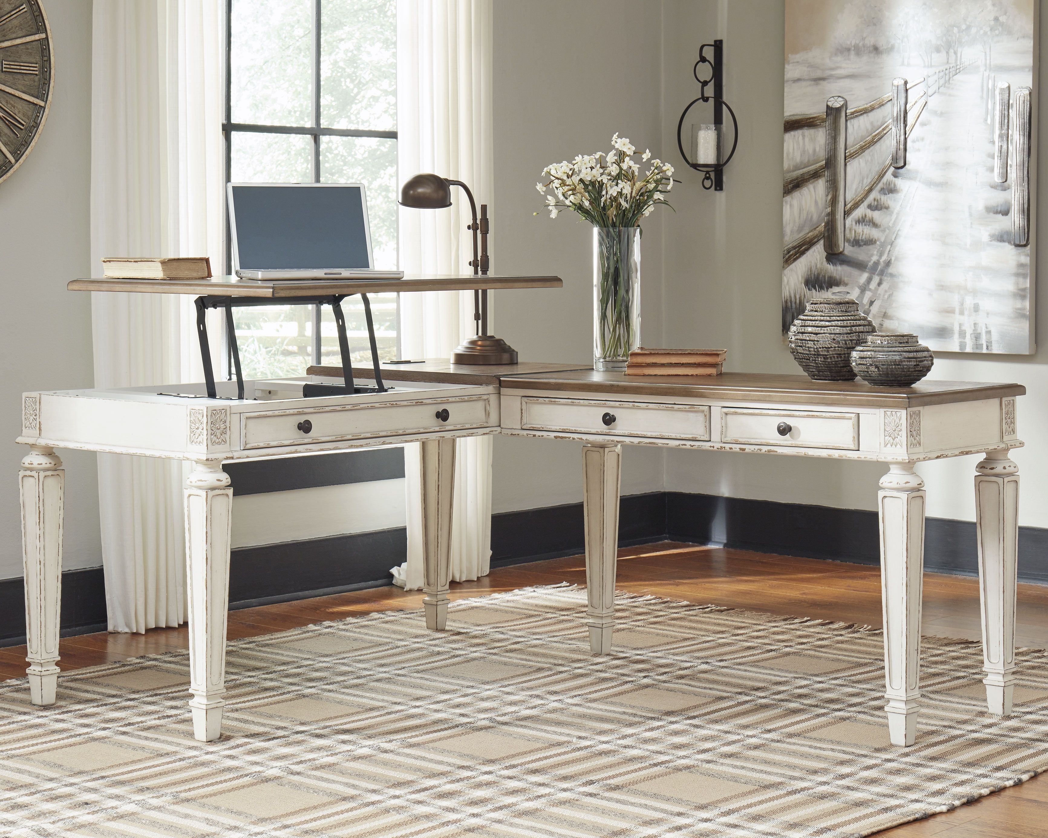 Signature Design by Ashley® Realyn - White / Brown - L Shaped Desk With Lift Top | Meri Furniture