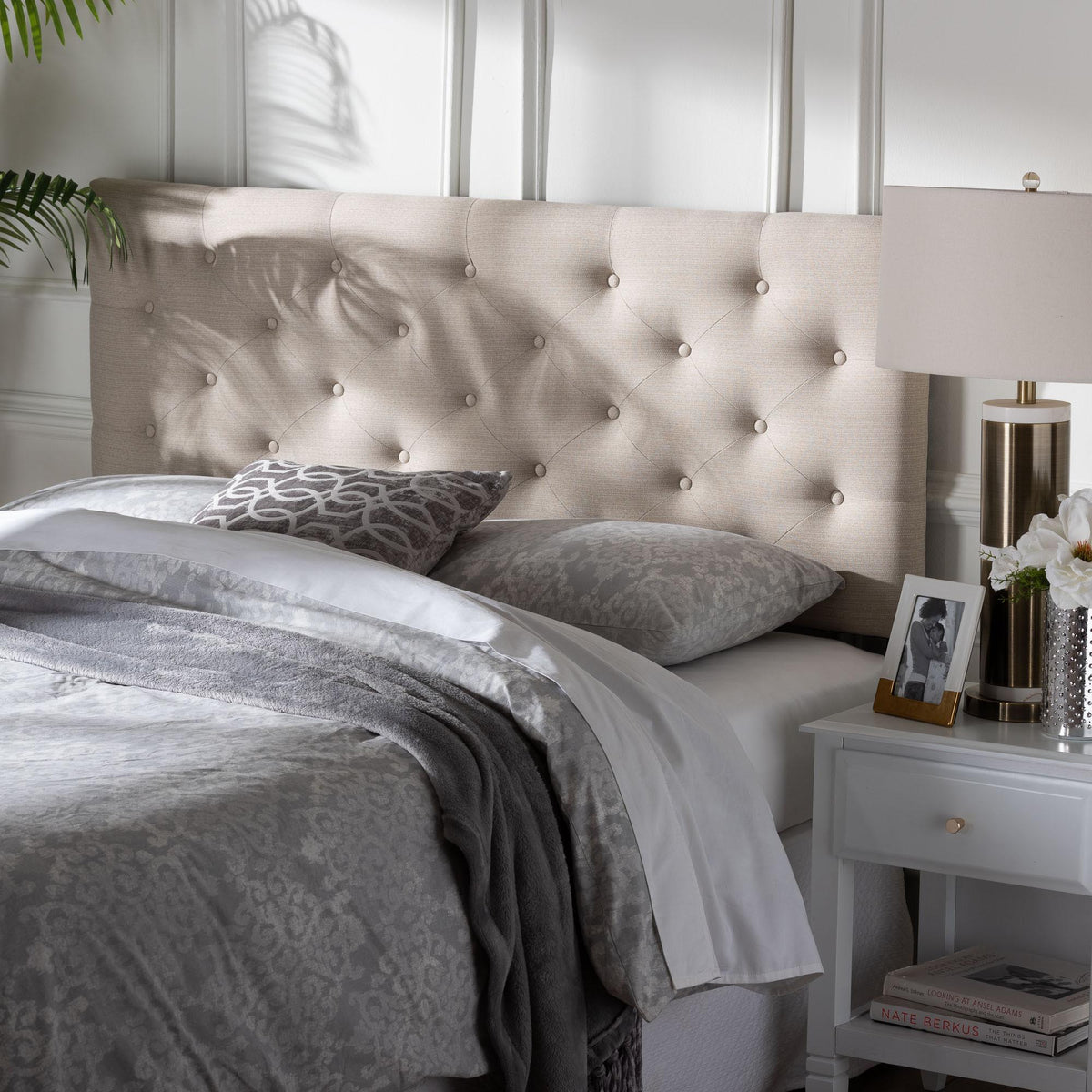 Viviana Modern and Contemporary Light Beige Fabric Upholstered Button-tufted Queen Size Headboard