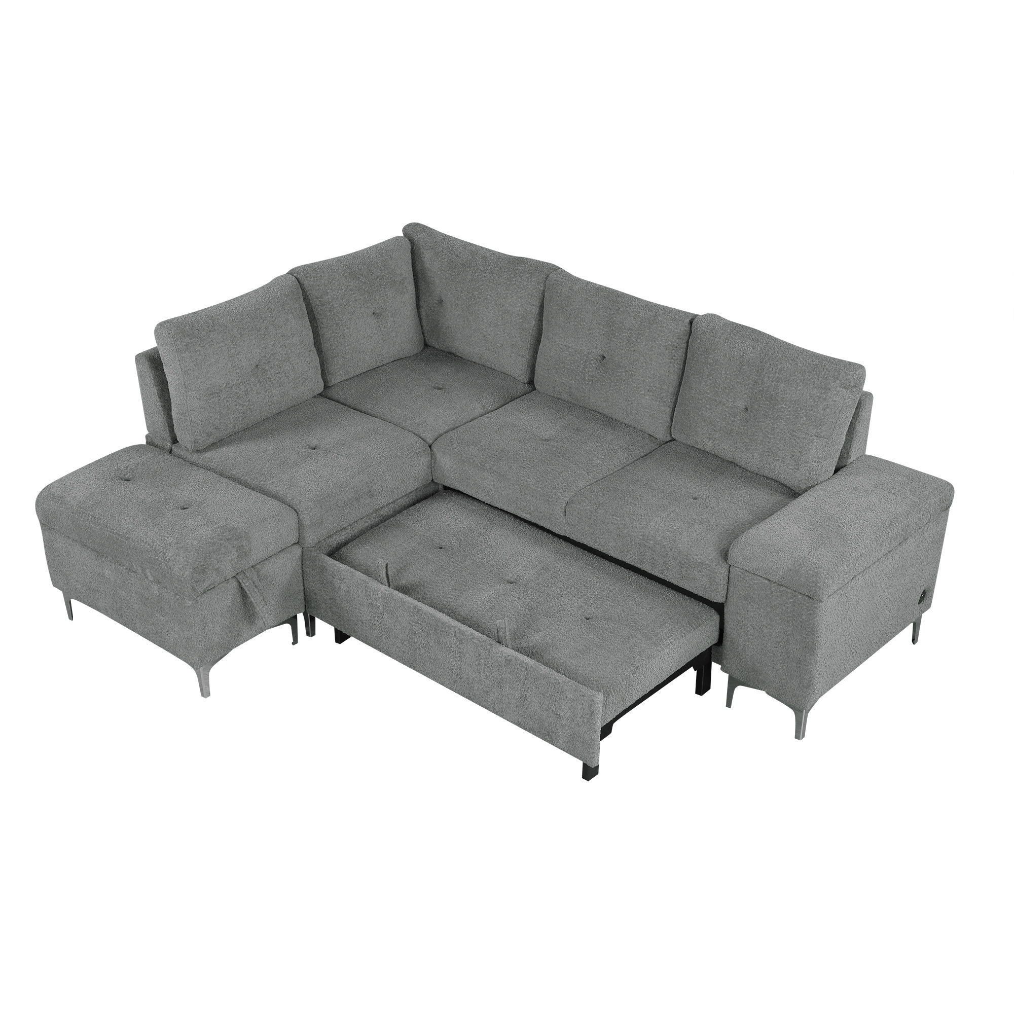 Versatile L Shaped Sofa Bed With Storage, Cup Holders, USB Ports Chenille