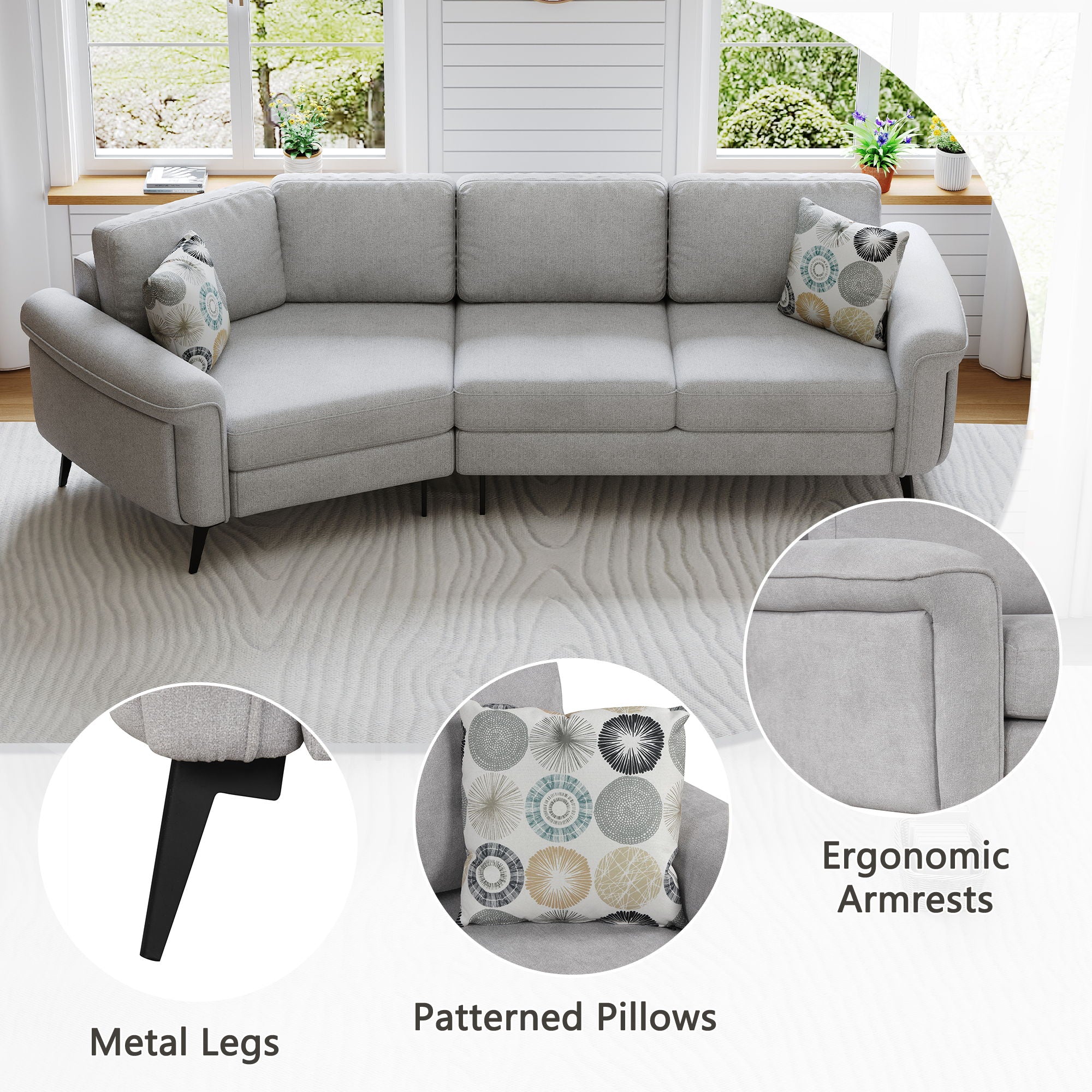 Upholstered 3 Seater Curved Sofa With Printed Pillows Chenille