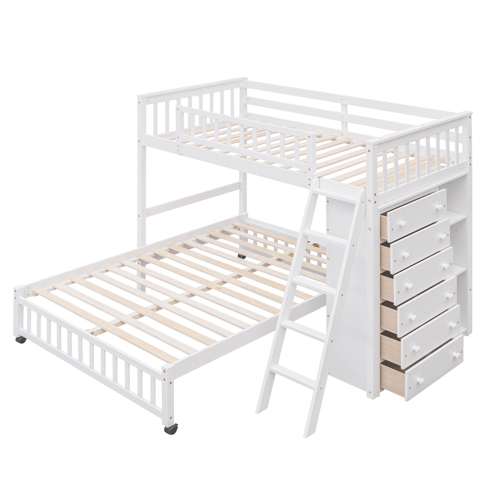 Bunk Bed With 6 Drawers And Flexible Shelves, Bottom Bed With Wheels