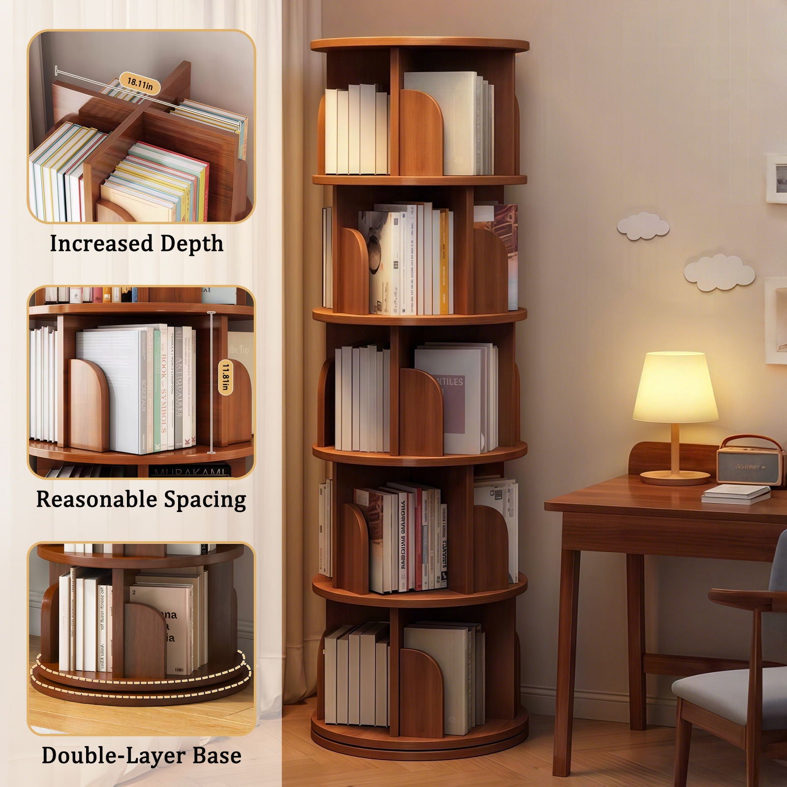 5 Tier Rotating Bookshelf, Spinning Design