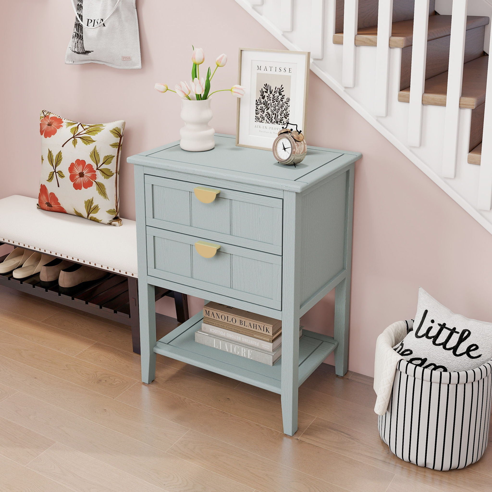 2 Drawer Side Table, American Style, End Table, Suitable For Bedroom, Living Room, Study