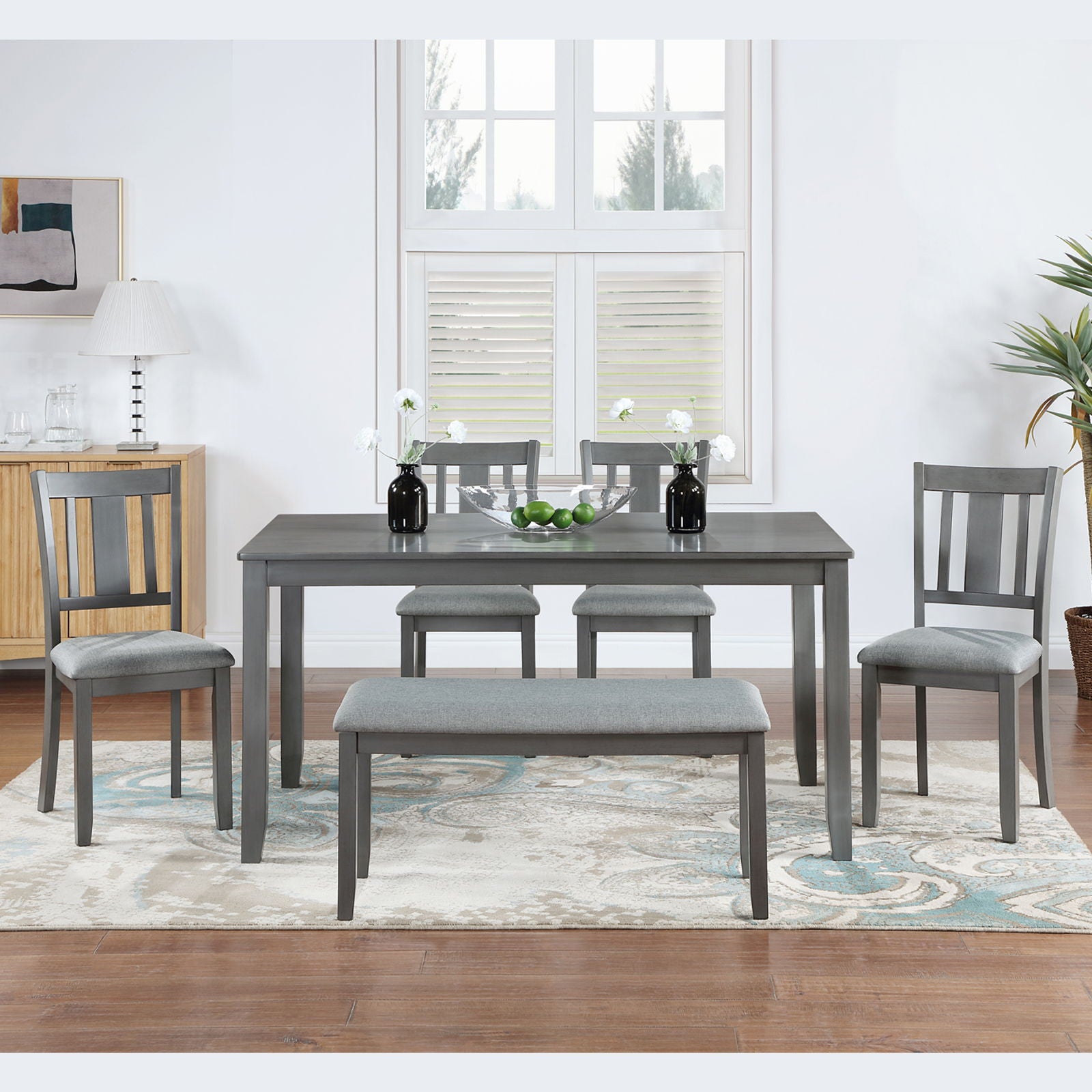 6 Pieces Kitchen Dining Set, Rectangular Wooden Dining Table With 4 Upholstered Chairs And A Bench