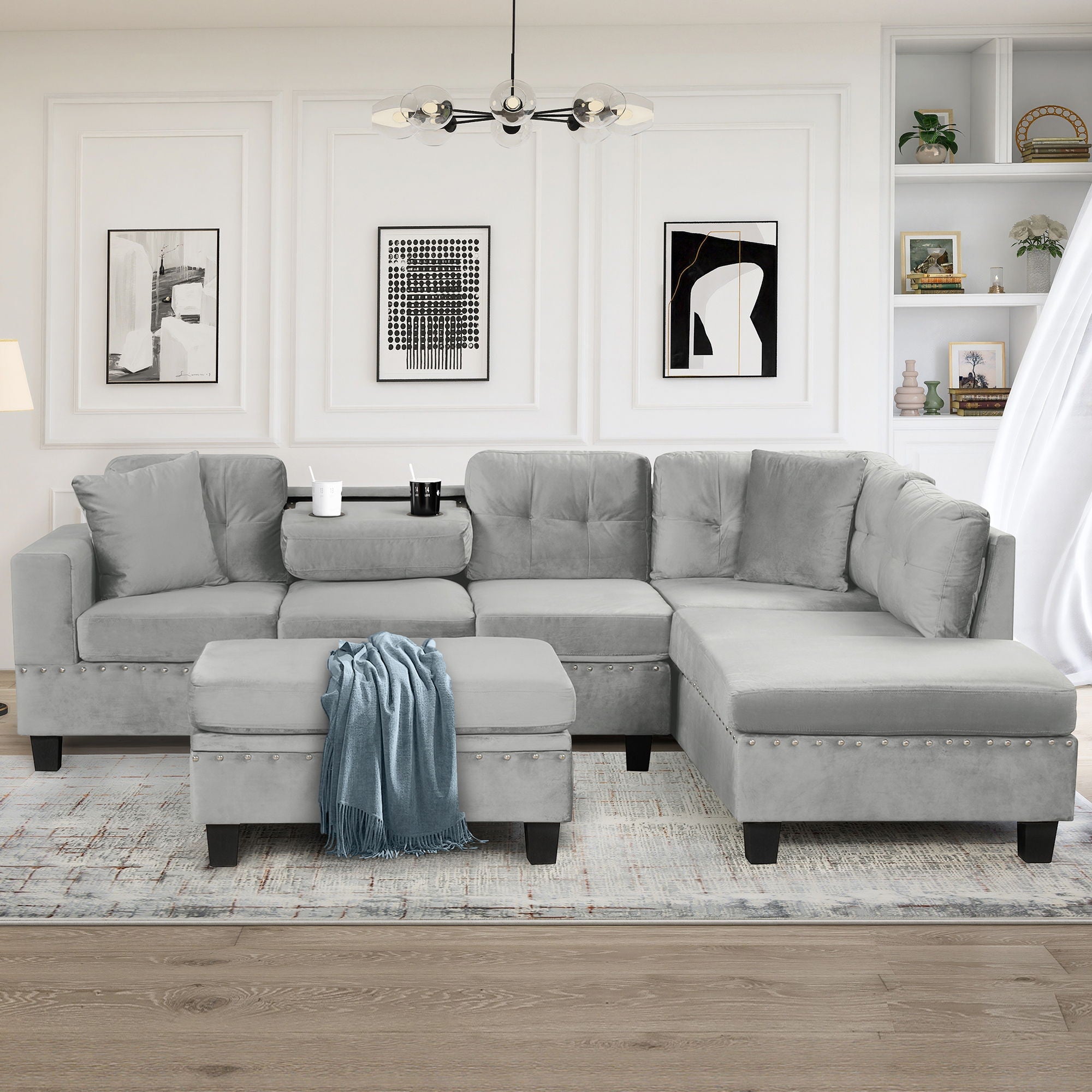 Modern Sectional Sofa With Storage Ottoman, L - Shape Couch With 2 Pillows And Cup Holders