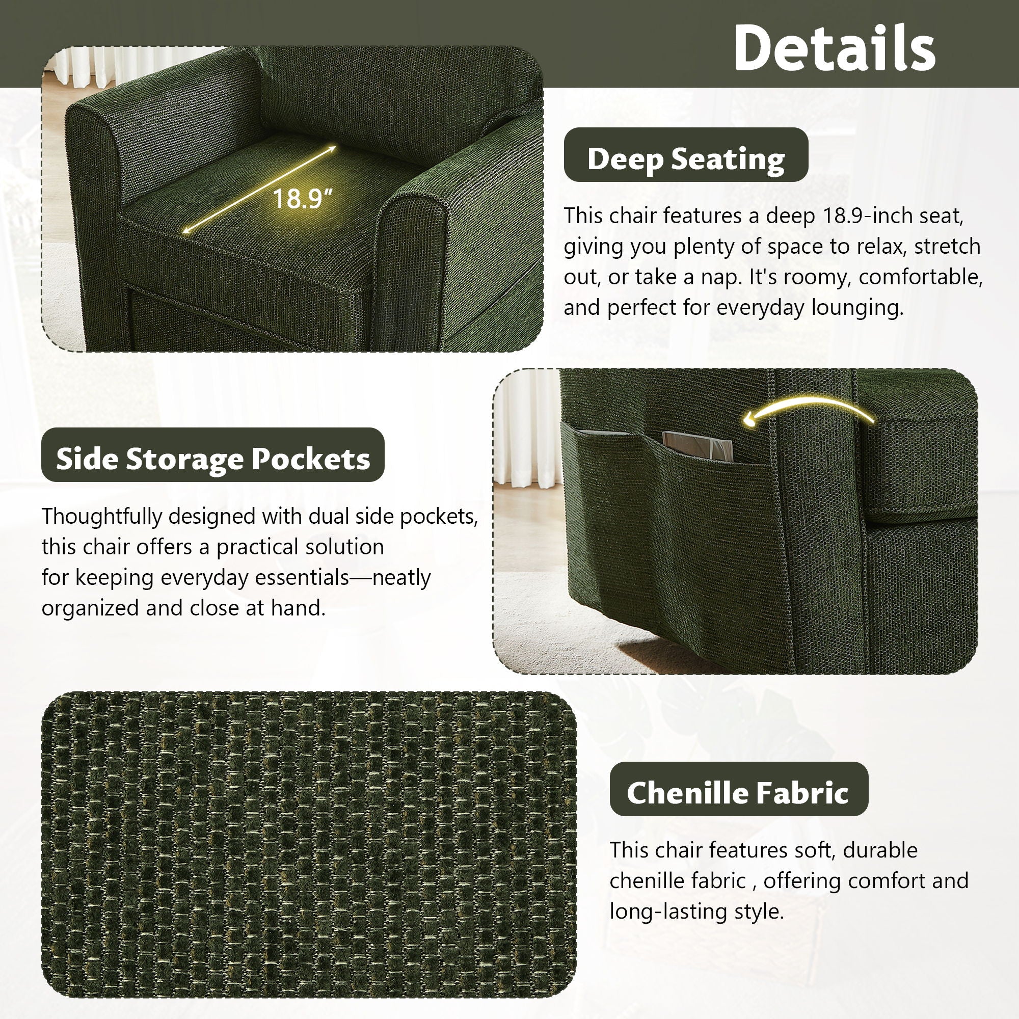 360° Swivel Accent Barrel Armchair With Side Pockets, Compact Design