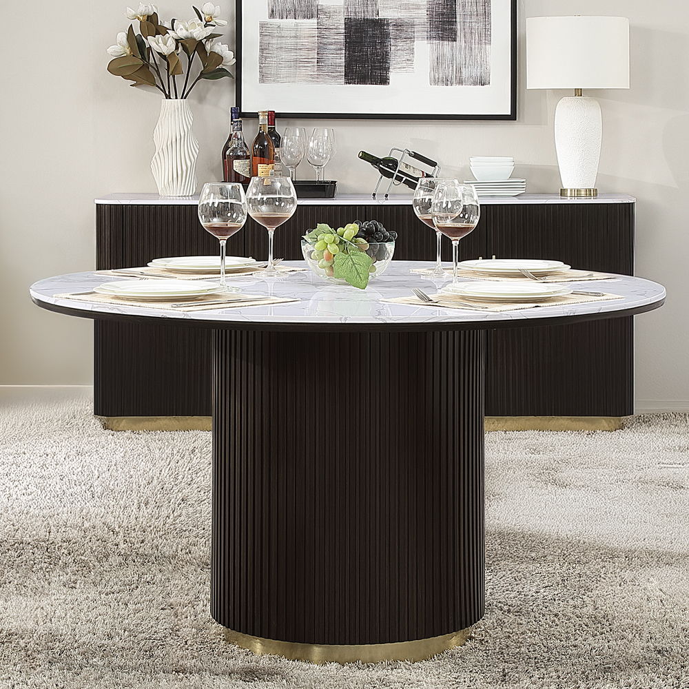 ACME Clayten - Round Dining Table With Marble - White Natural Marble Top & Espreeso Finish | Meri Furniture