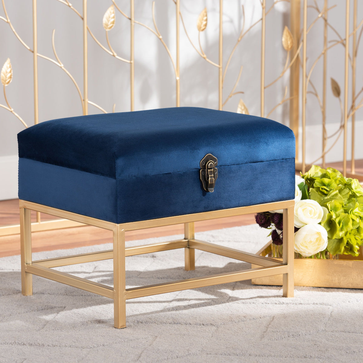 Aliana Glam and Luxe Navy Blue Velvet Fabric Upholstered and Gold Finished Metal Small Storage Ottoman