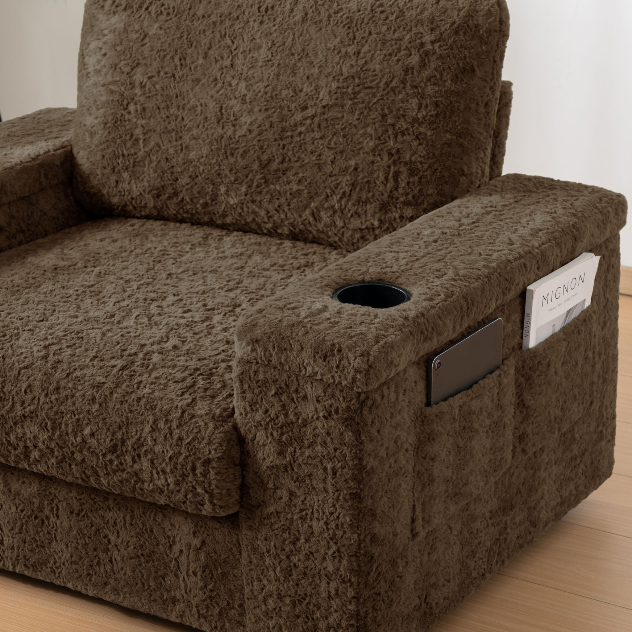 Oversized Chaise Lounge Indoor Rabbit Fur Sofa Bed With Storage Ottoman And Armrests Cup Holders With Deep Seat