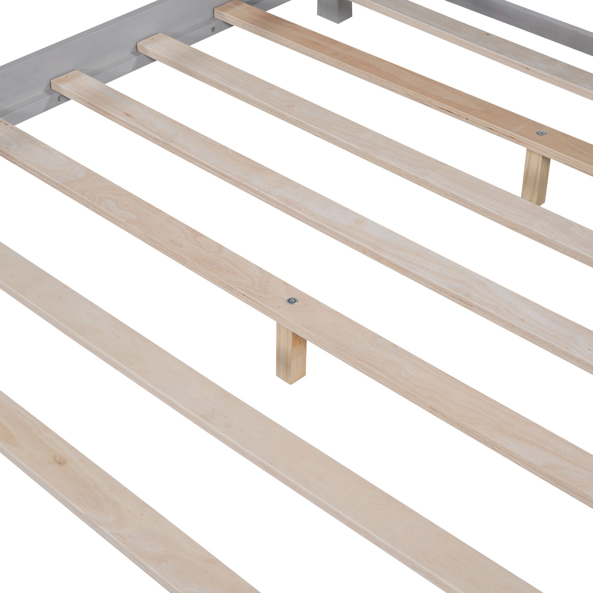 Wood Platform Bed With Built In LED Light, Storage Headboard And Guardrail