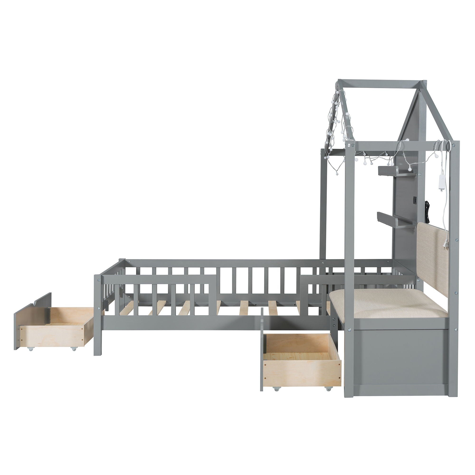 House Bed With Upholstered Sofa, Wireless Charging Station, Shelves And 2 Drawers