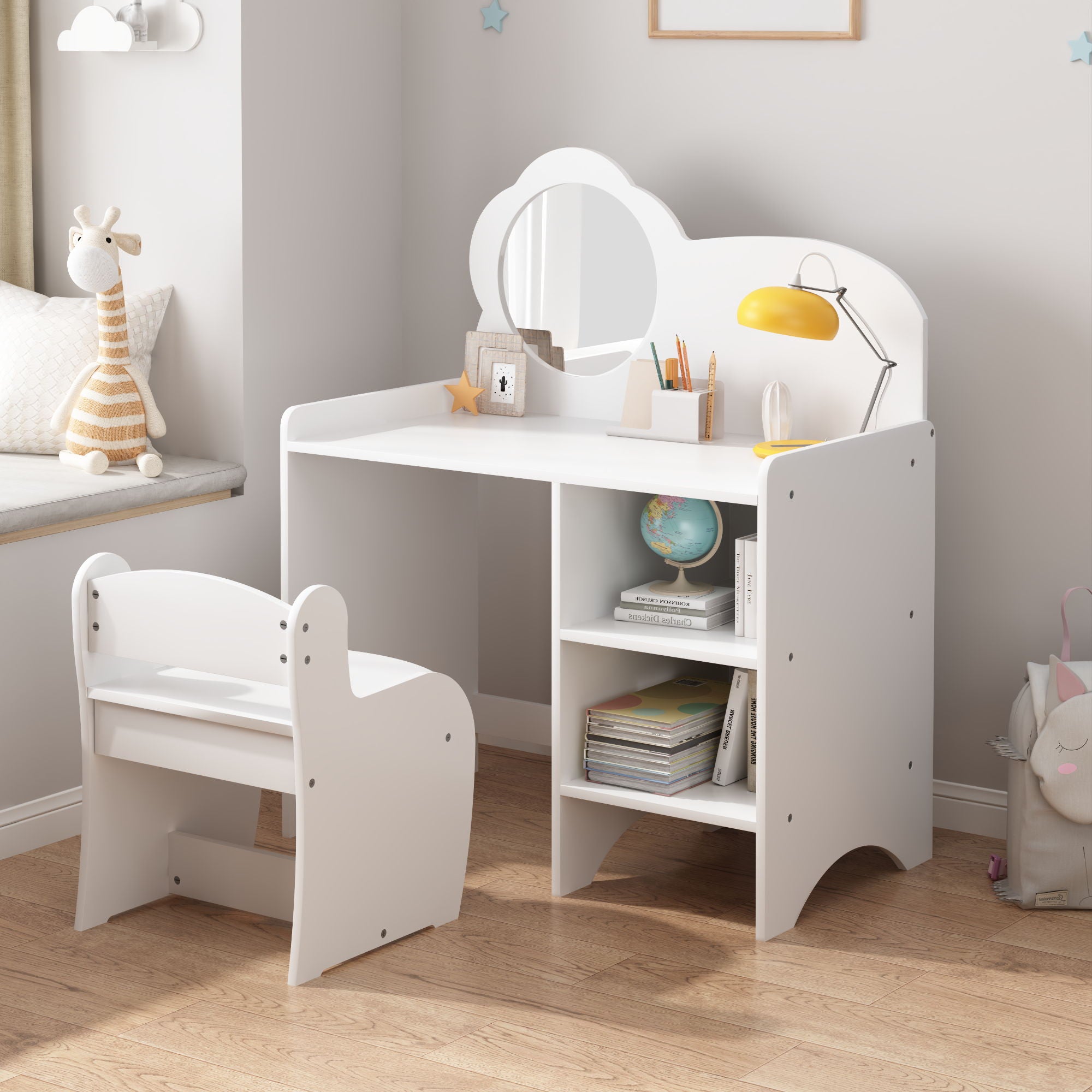 Kids Vanity Table With Mirror And Chair, Dressing Makeup Desk With Storage Shelves - White