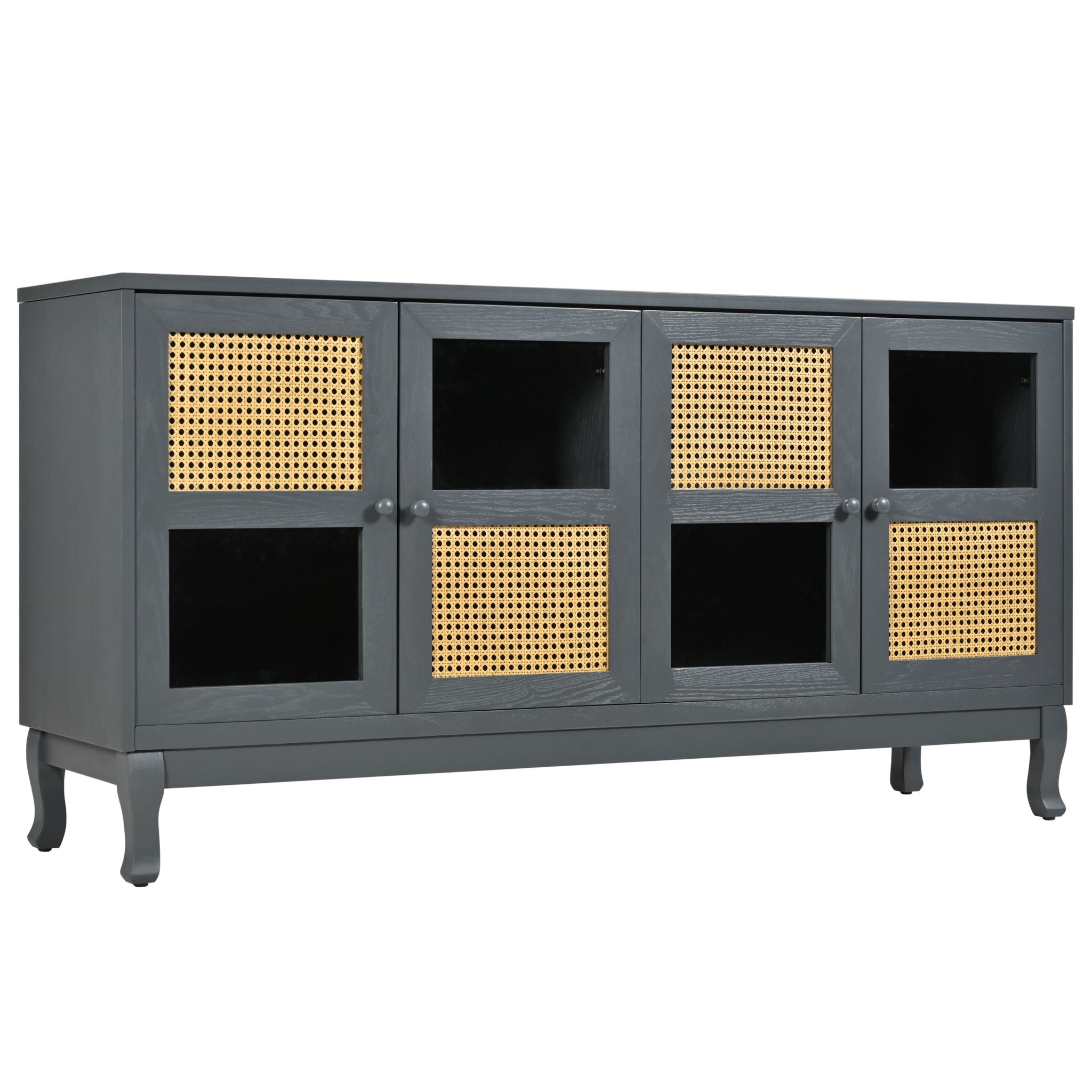 Retro Industrial 4 Door Sideboard With Large Storage, Rattan And Glass Doors