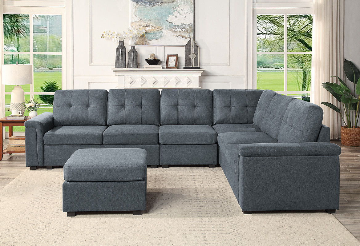 Isla 119"W Gray Woven Fabric 7-Seater Sectional Sofa with Ottoman