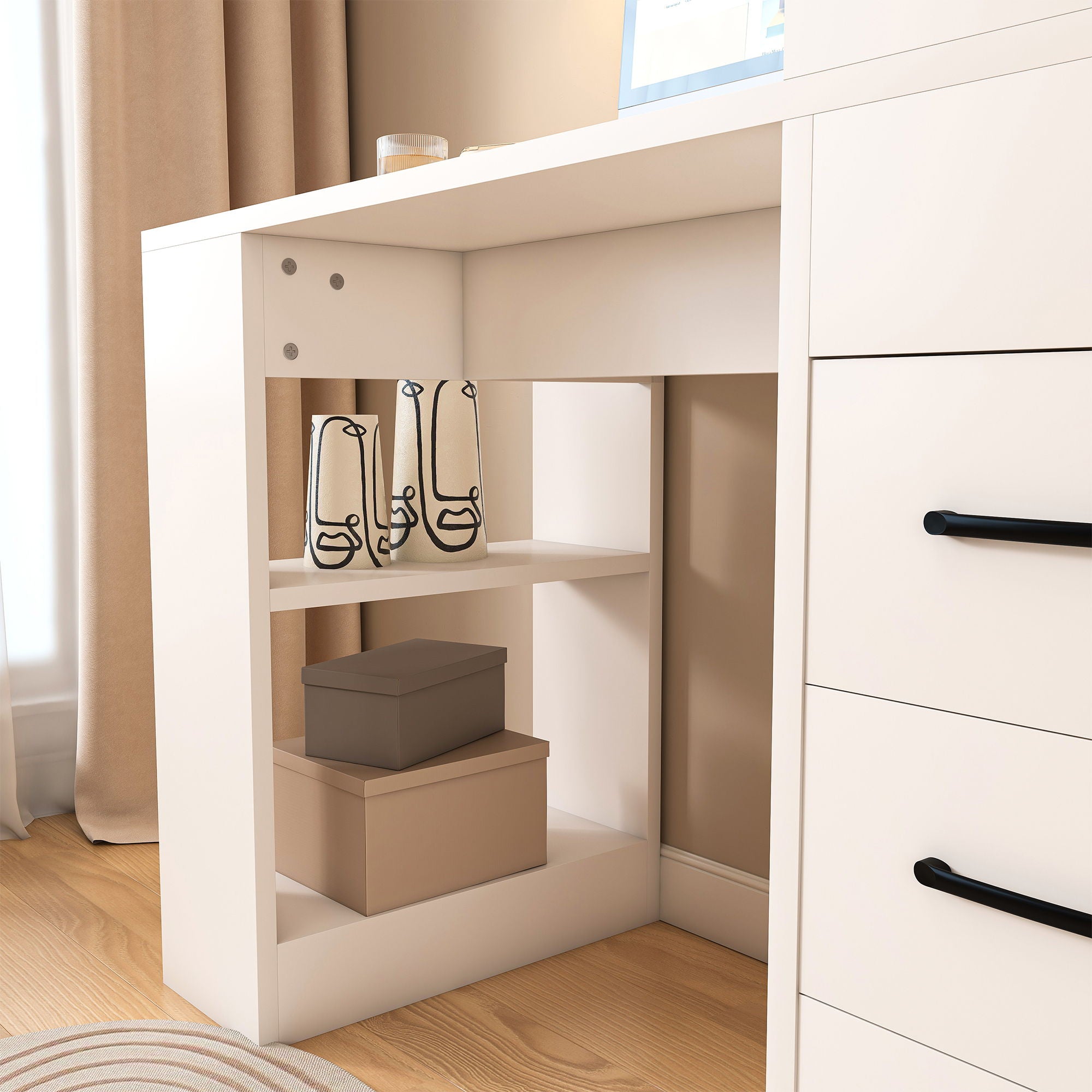 Computer Desk With 4 In 1 Socket & 3 Drawers, 4 Tier Shelves