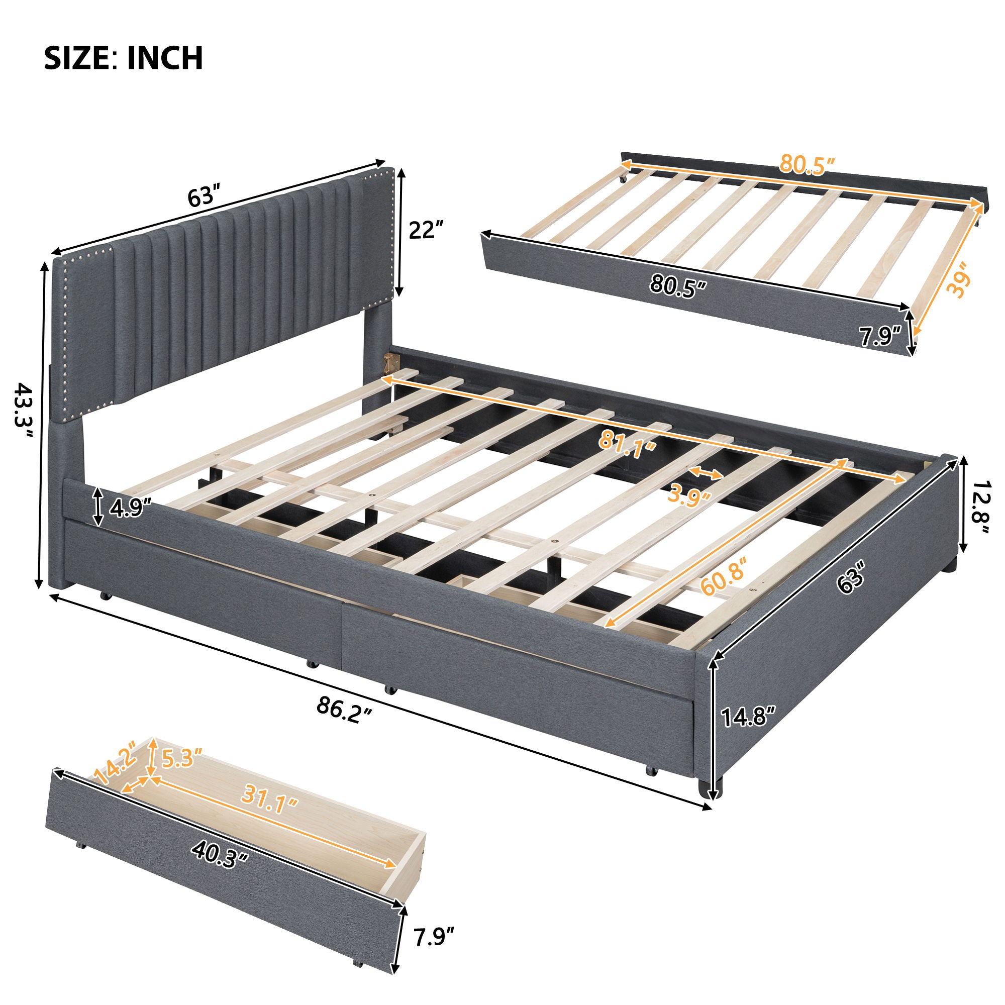 Upholstered Platform Bed With Drawers, Classic Headboard Design