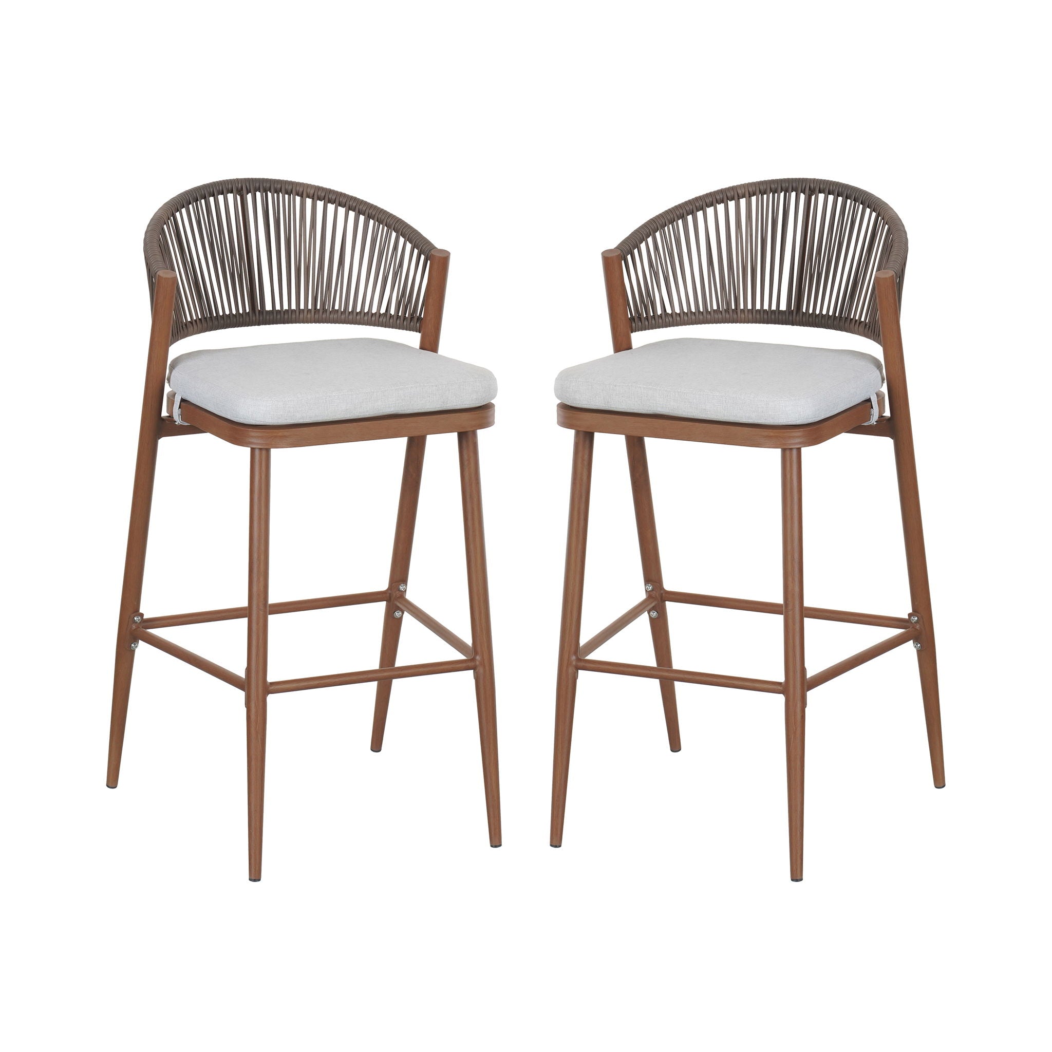Outdoor Bar Height Metal Frame Counter Stools With Scallop Shaped Backrest & Water Resistant Cushions