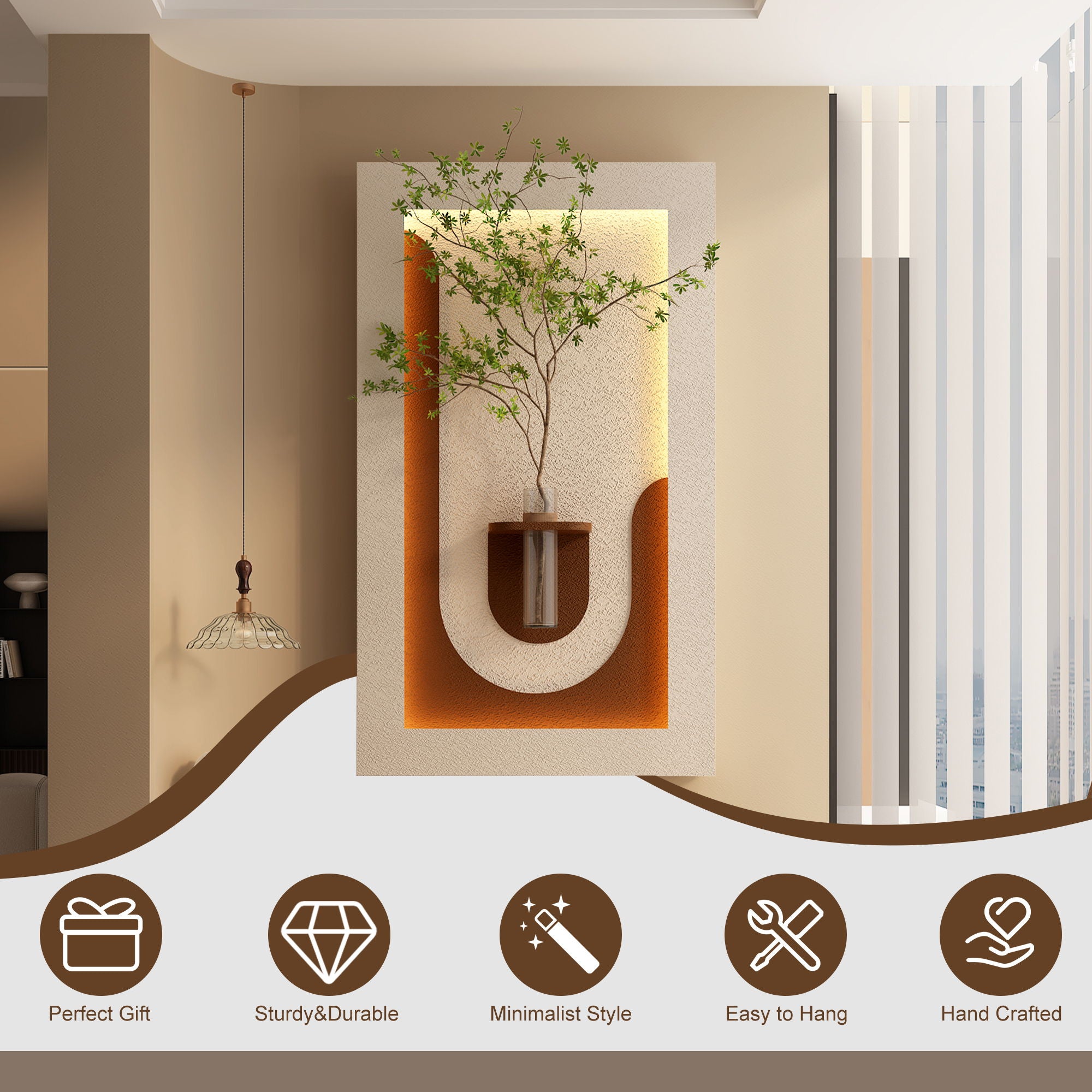 Adjustable 3 Color LED Sandstone Wall Decor With Simulated Plants, Vase & Rabbit Statue - Light Coffee