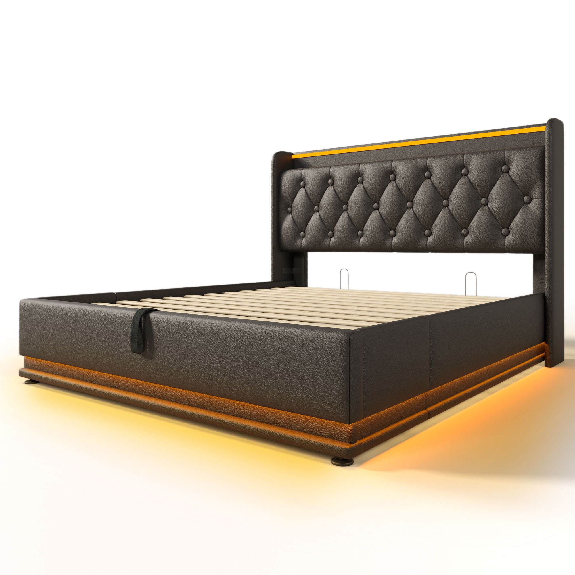 Upholstered Bed, 360 Surround LED Function, Remote Control, Hydraulic Storage Bed With USB, Type-C Charging (Without Mattress)
