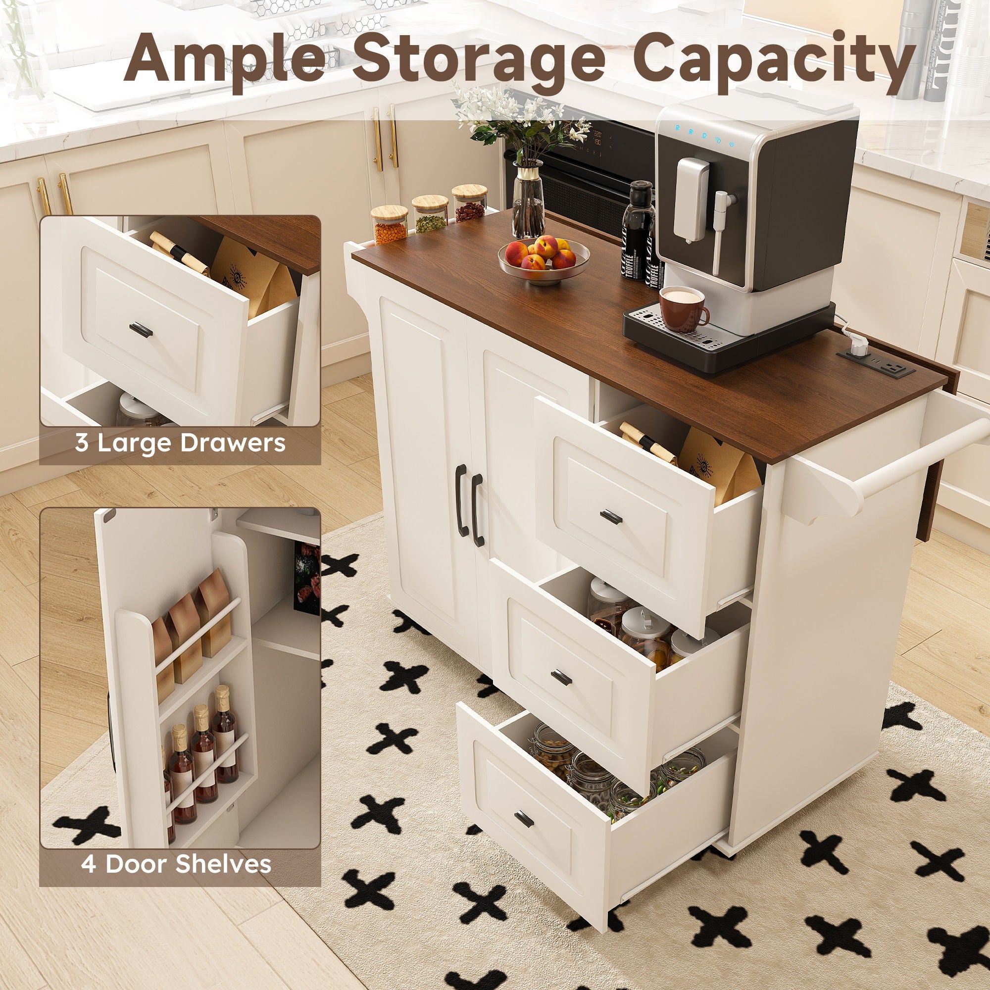 Kitchen Island Cart With Foldable Tabletop & Drop Leaf Mobile Breakfast Bar With Wood Top And Storage - White / Walnut