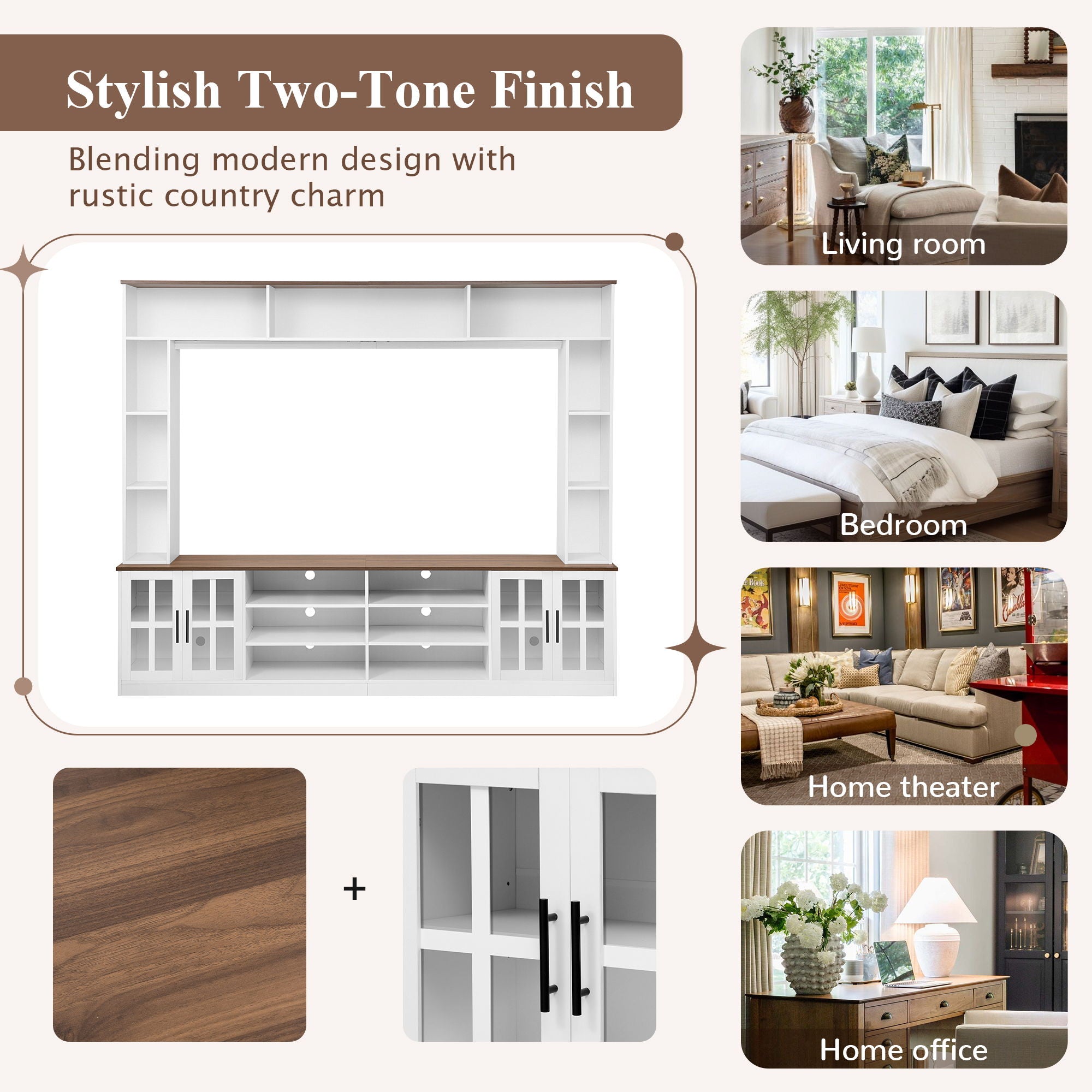 Wall Unit Entertainment Center With Bookshelves For TVs Up To 80", Tempered Glass Doors And Adjustable Shelves