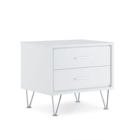 Featuring a unique leg design, the Deoss night stand is functional as an end table too. The mixture of natural walnut and metal hardware and leg adds a lot of style to this 2 drawer night stand. It will be the great additional to your bedroom.