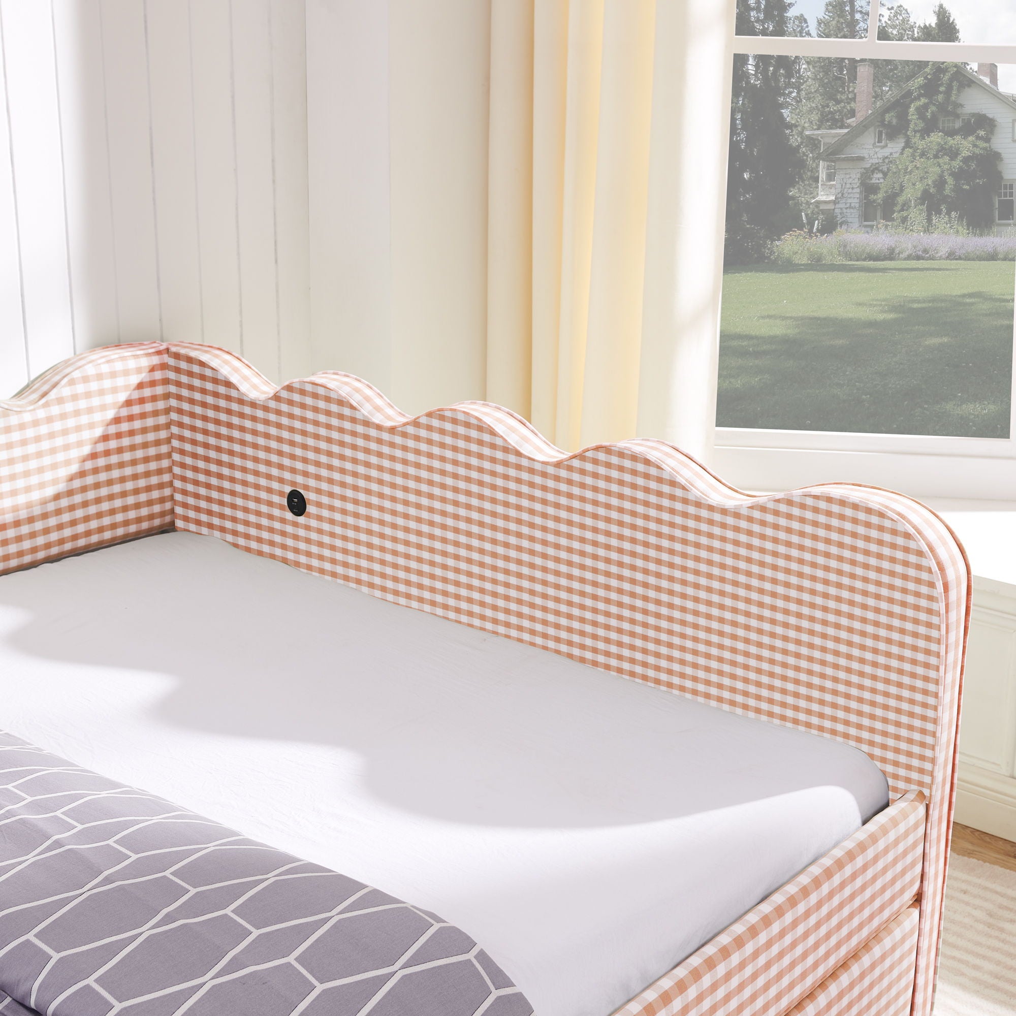 Gingham Daybed & USB Charging Port, Wave Shaped Design
