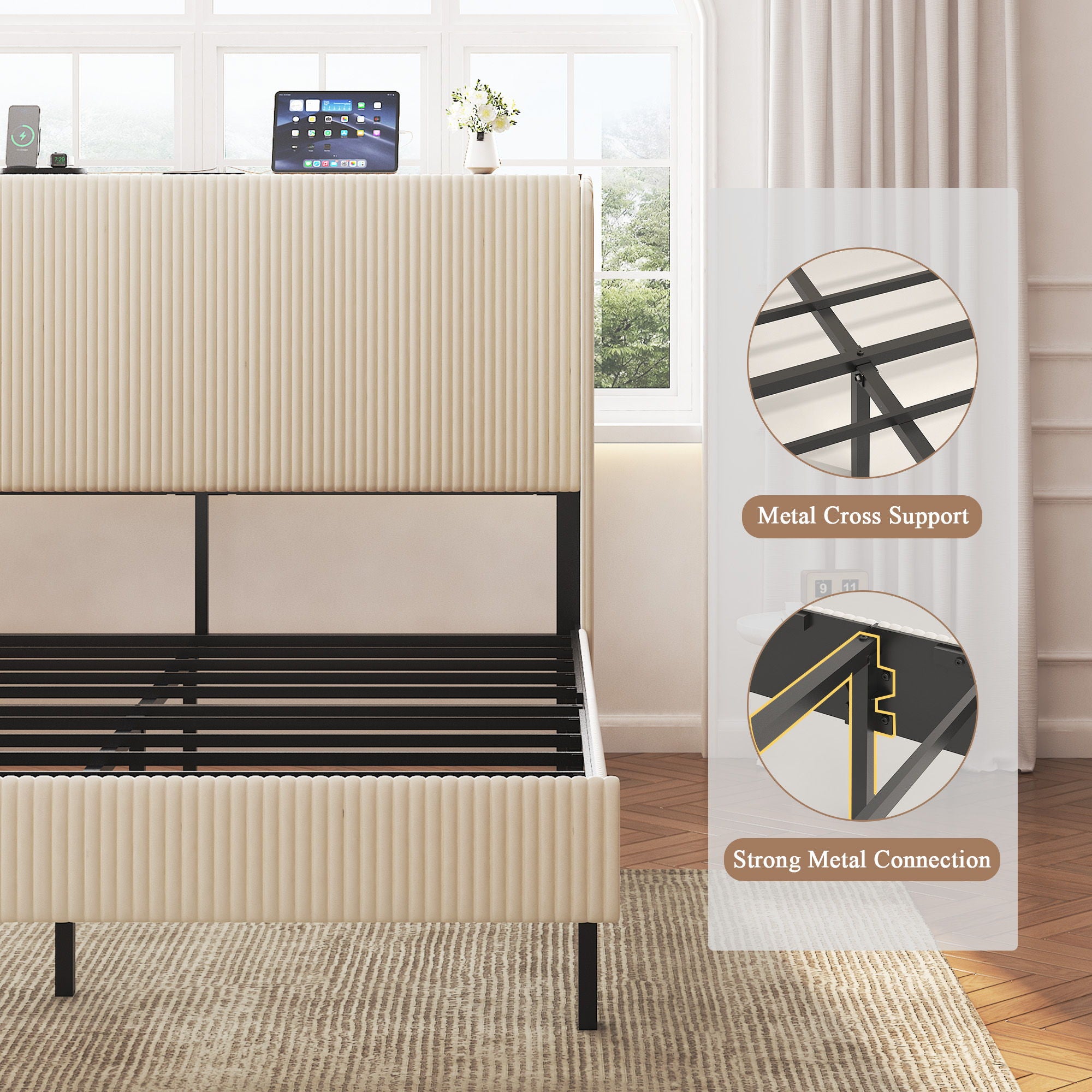 Platform Bed With Metal Frame And Charging Station